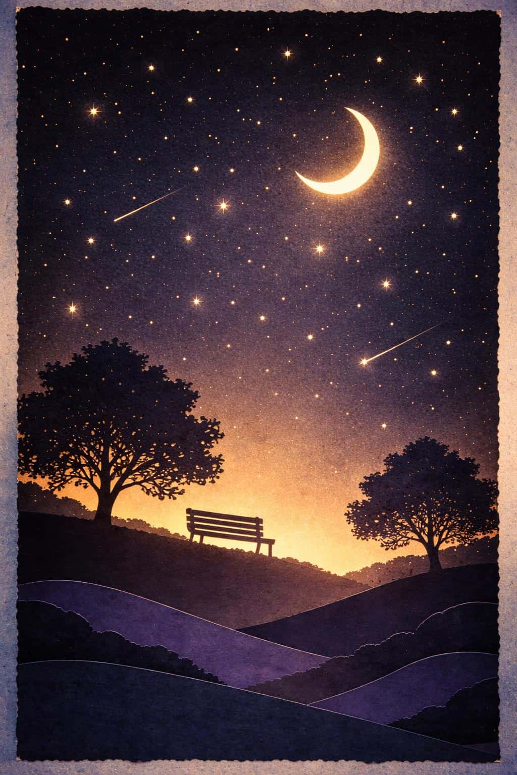 Vertical 2:3 photorealistic paper shadowbox with indigo and violet hill silhouettes and a bench in the lower third, warmed by romantic golden uplighting.