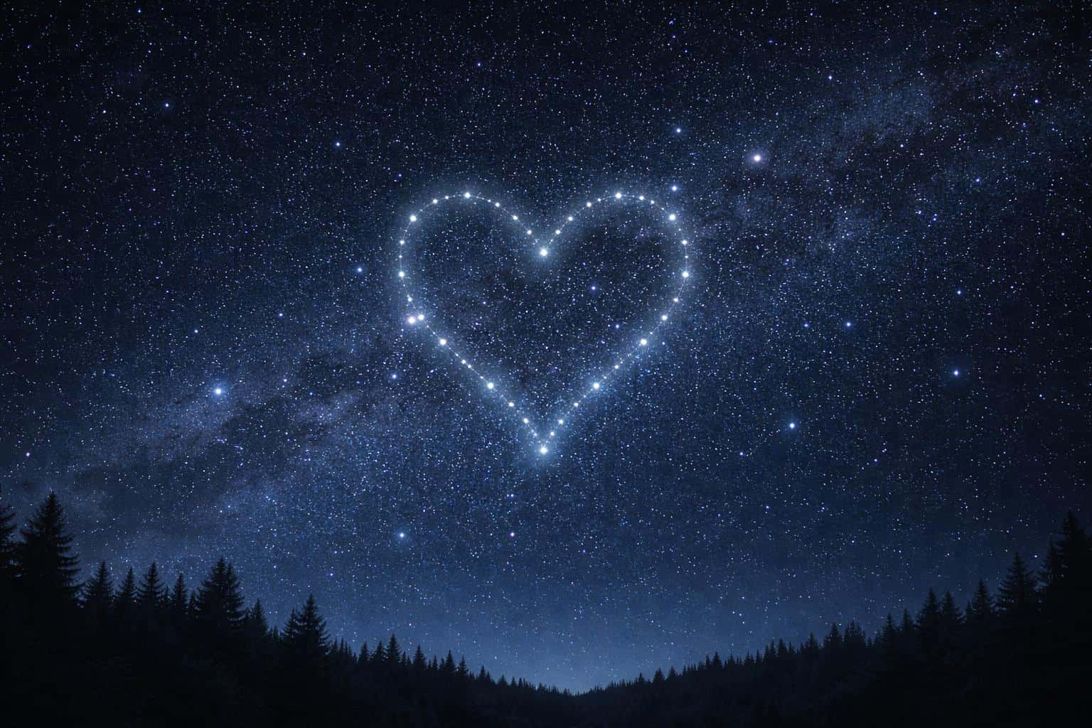 Wide 3:2 cinematic view of a midnight-blue sky filled with twinkling stars and a silver heart-shaped constellation above a dark forest horizon, leaving space for white typography.