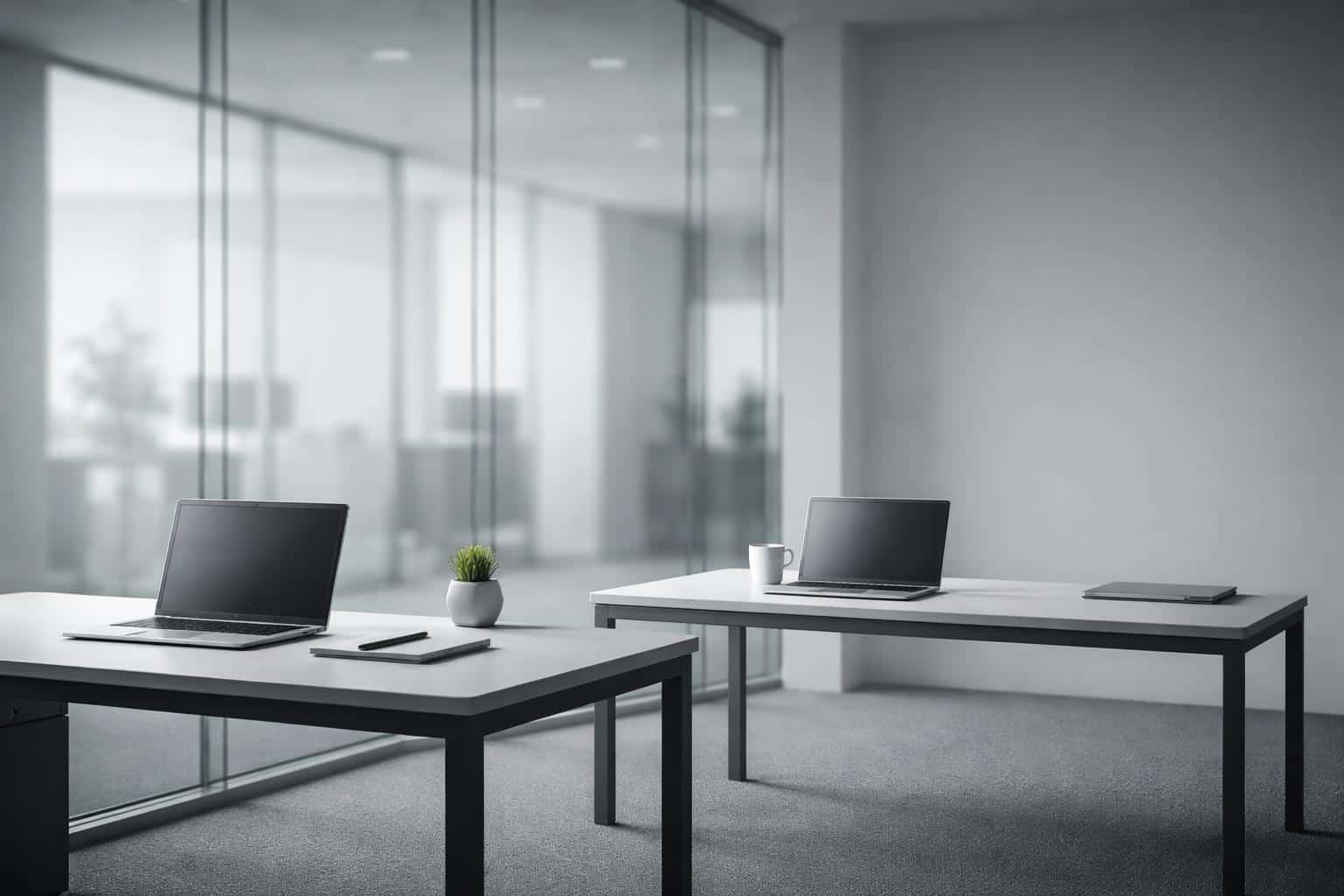 Minimalist startup office interior composed for a 3:2 crop with glass walls, slim desks and laptops, soft daylight, and clean negative space for a wallpaper or poster use.