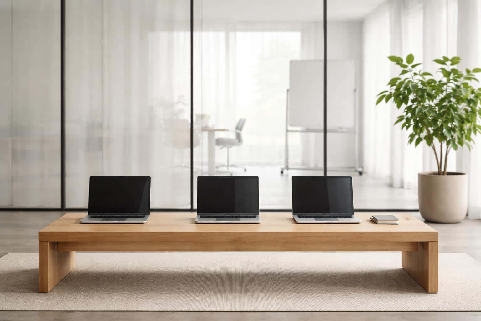 Minimal startup office interior photographed as a clean, modern workspace poster-style image with glass walls, laptops, and balanced negative space for use as a background.