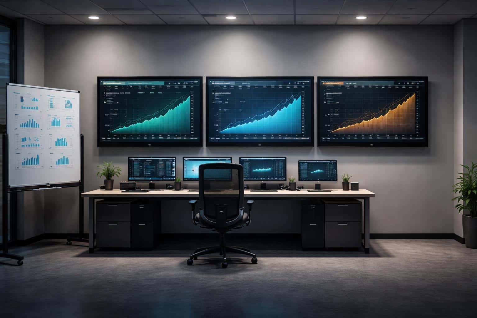 Interior view of a startup operations room with multiple wall-mounted screens displaying upward growth curves and dashboards, composed as a polished poster-cover image.
