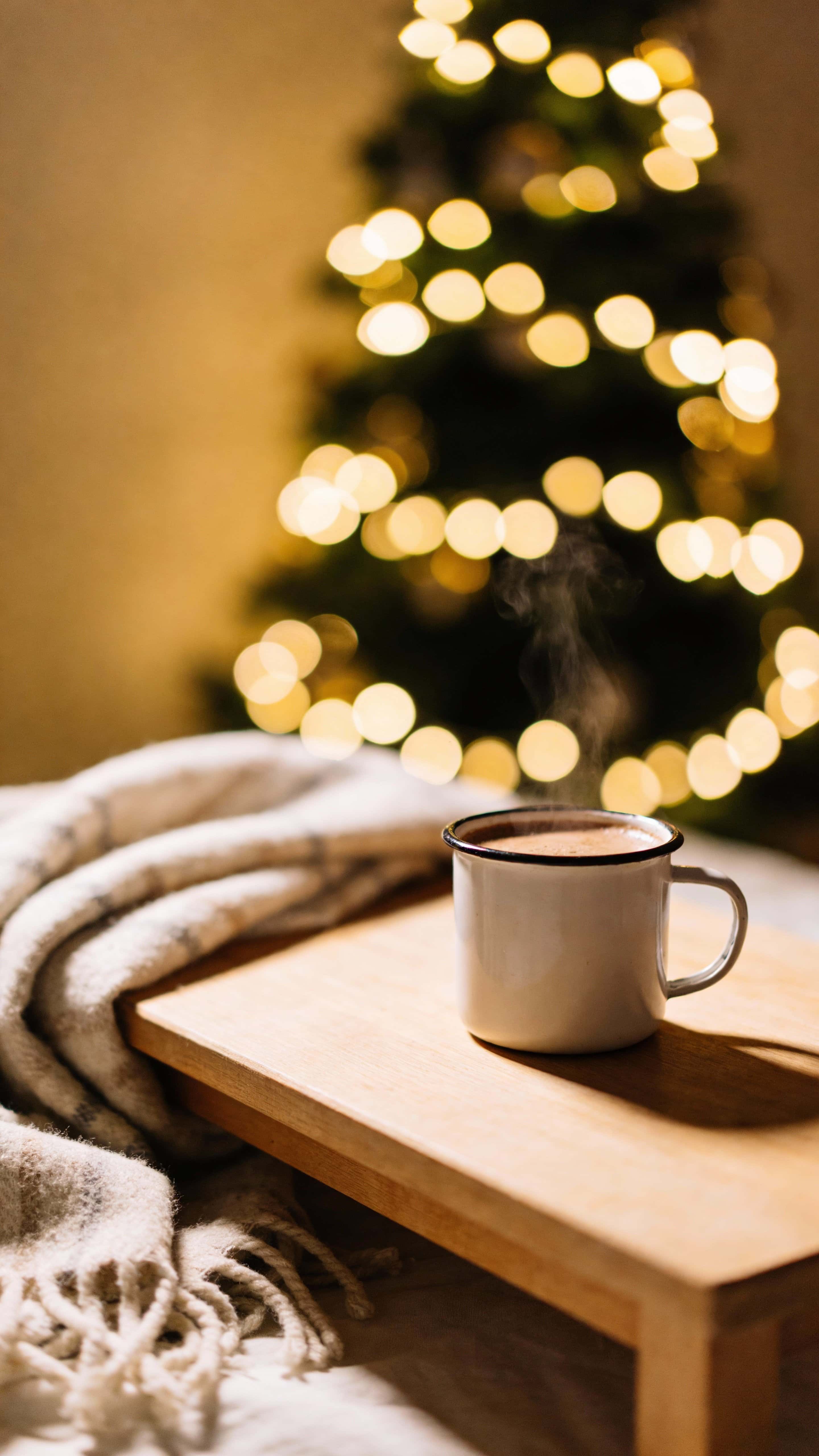 A steaming cup of coffee or hot chocolate rests on a wooden table beside soft blankets and warm fairy lights bokeh, evoking an intimate, minimal Christmas night mood.