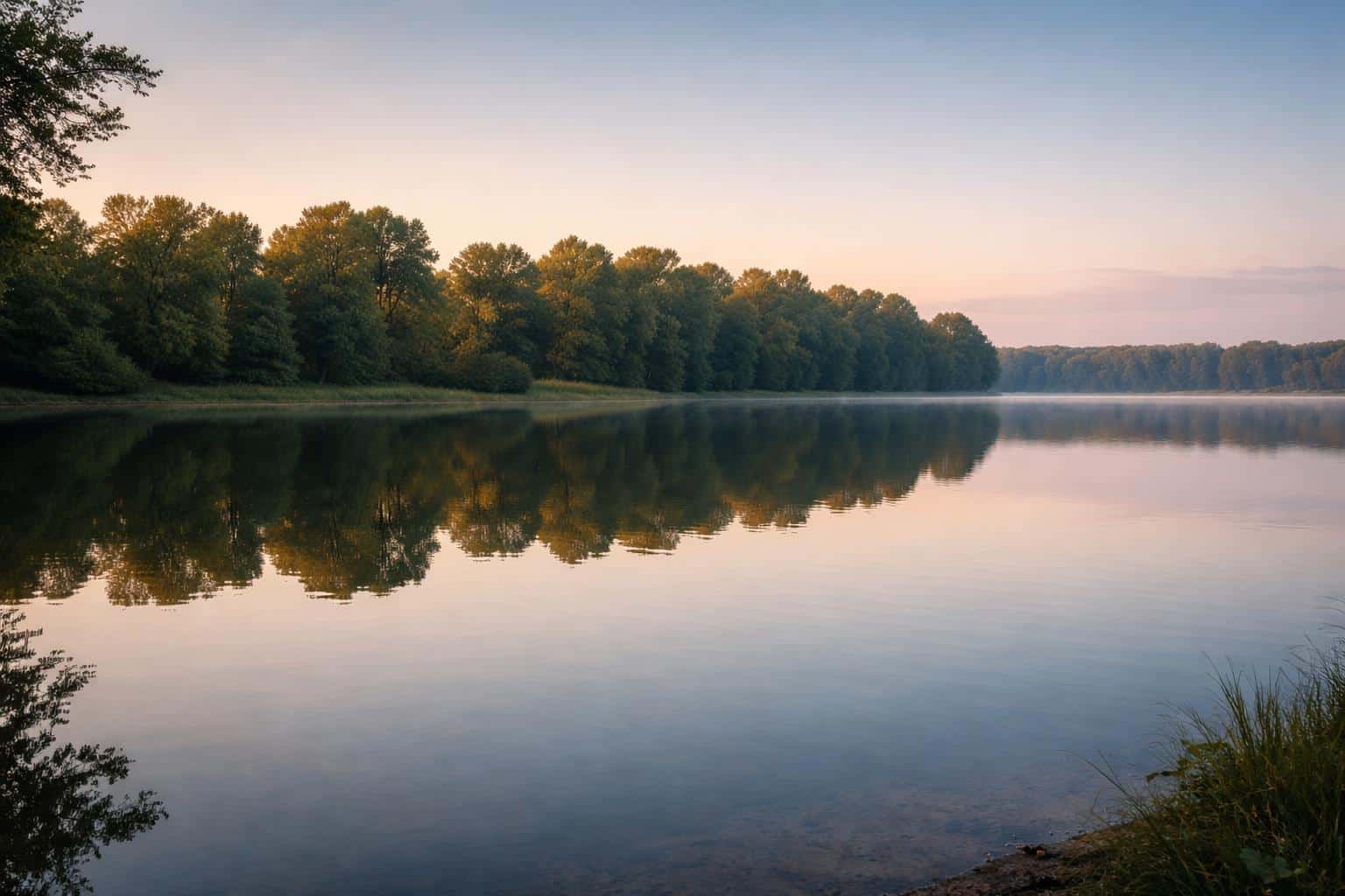 A serene 3:2 landscape photograph of a still lake mirroring sky and trees, framed for wallpaper or poster use with balanced negative space and calm mood.