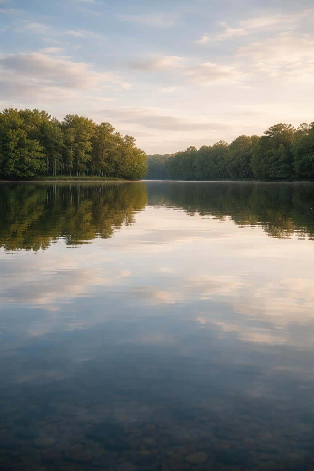 Still lake portrait photographed in a 2:3 ratio with mirrorlike water reflecting sky and trees, composed for wallpaper or poster use with calm, contemplative mood.