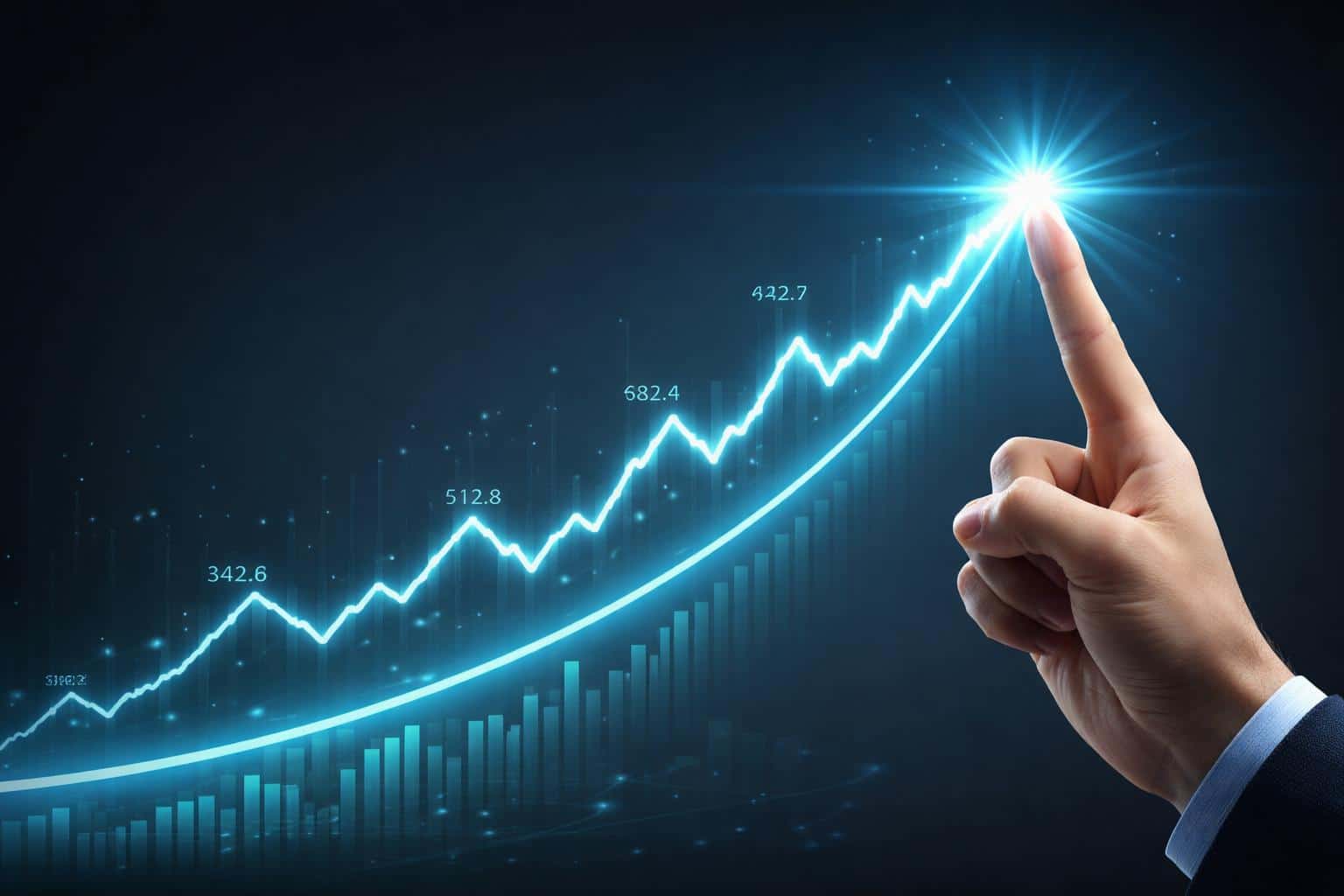 A 3D digital illustration of a hand guiding a glowing financial graph upward, ideal for professional business presentations or corporate technology backgrounds.