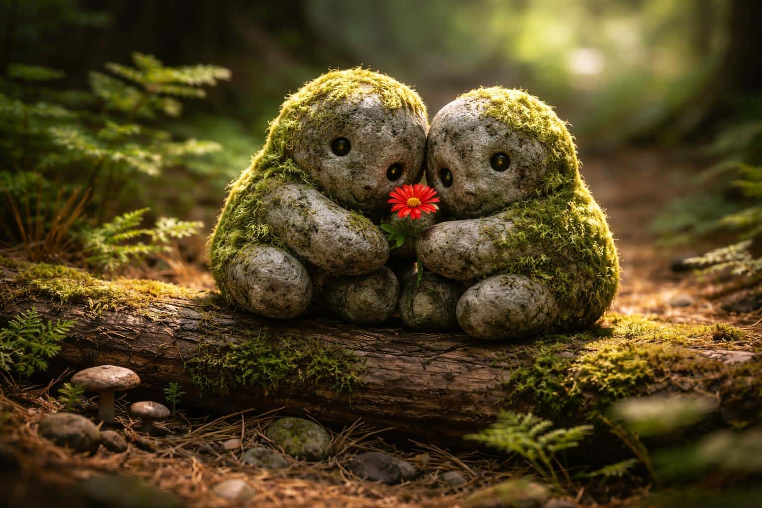 Two small rounded stone-and-moss forest spirits sit side-by-side on a fallen log in a 3:2 landscape, sharing a bright red wildflower amid detailed pine-needle forest floor.