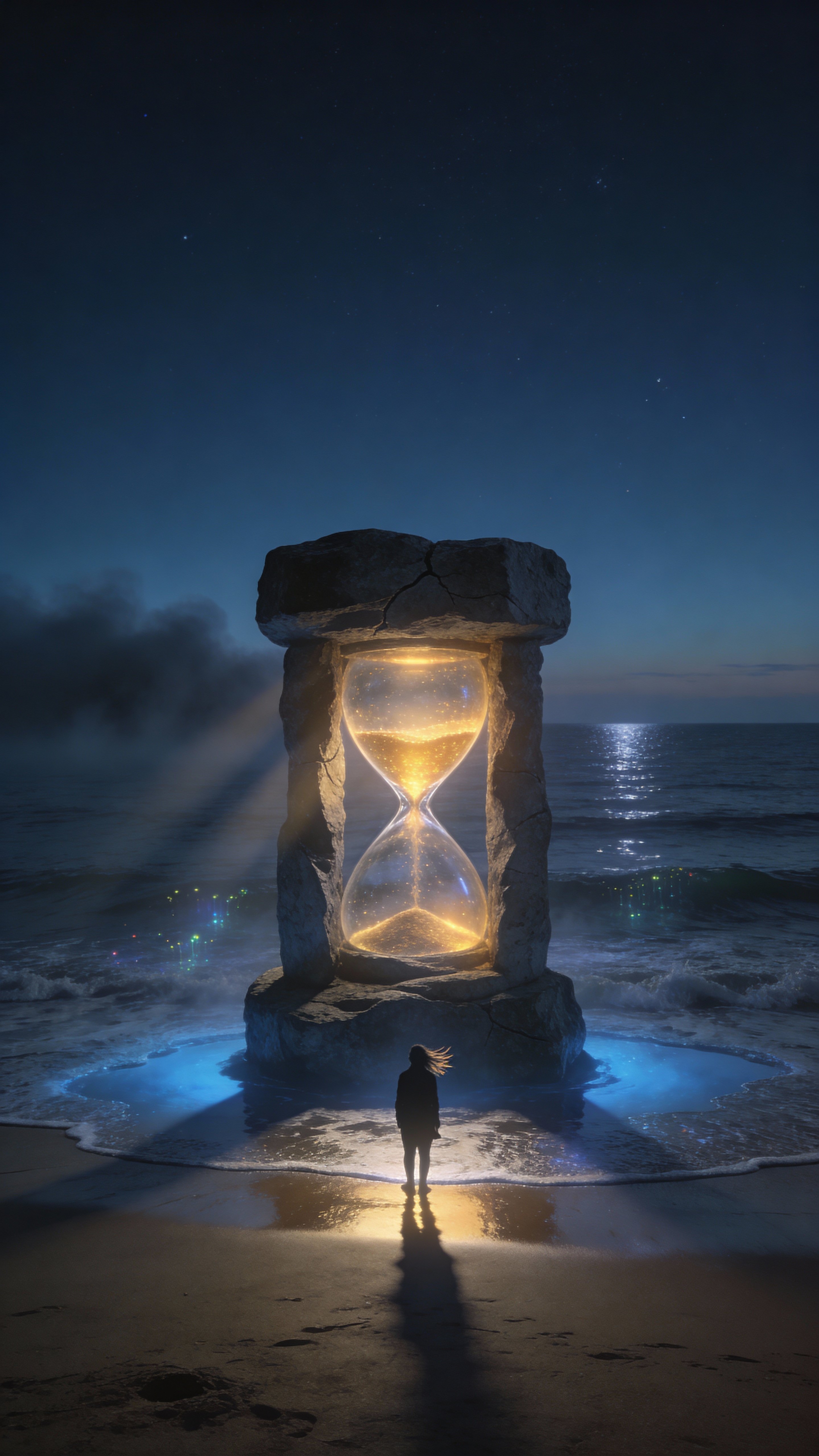 A dark, cinematic surreal beach at twilight centered on a glowing stone hourglass radiating warm golden light against cold blue shadows, with a calm ocean and a lone silhouette, ultra-realistic.