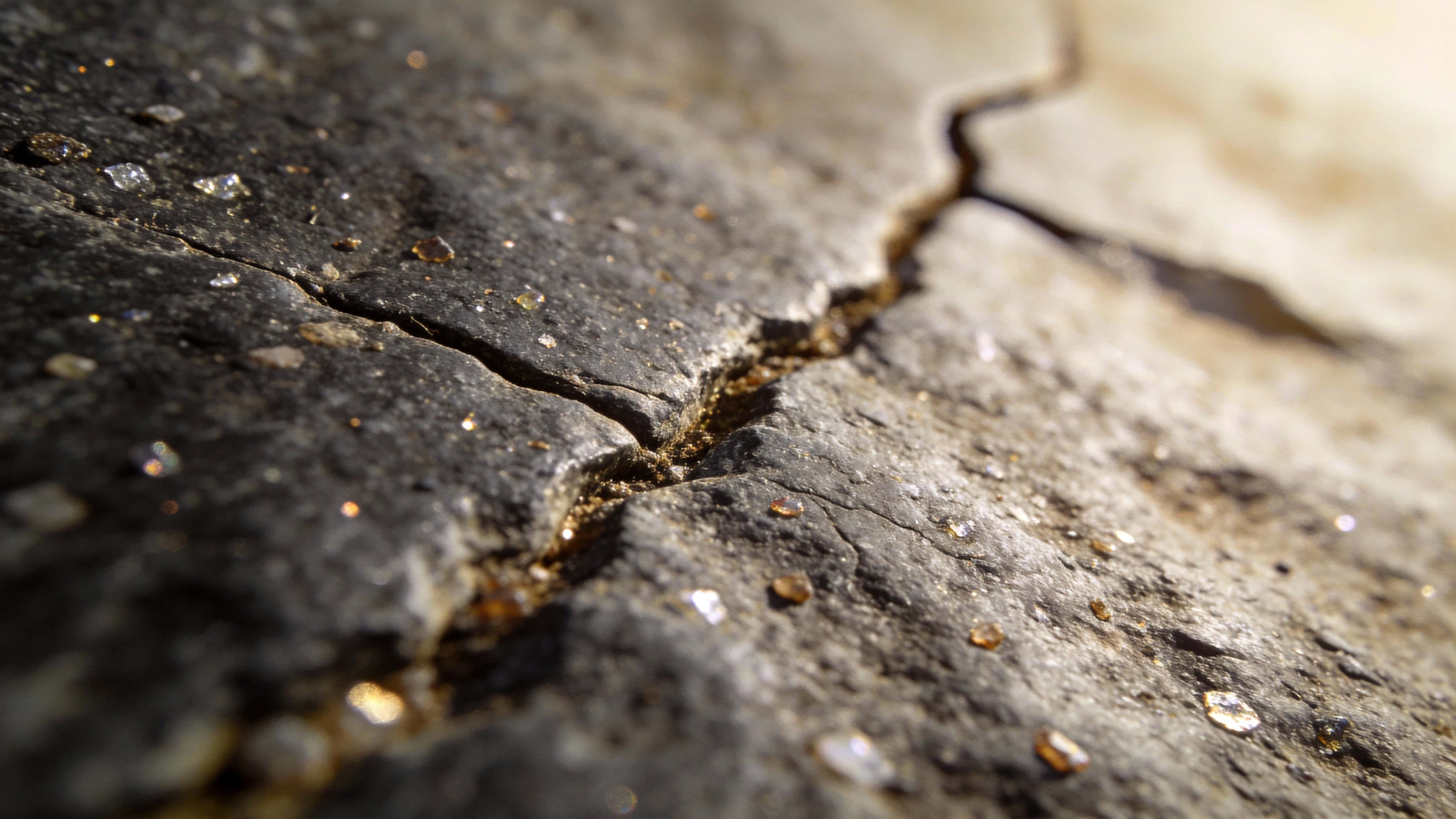 Close-up macro capture of a natural stone surface showing mineral veins, granular texture and subtle color shifts, composed for 16:9 wallpaper or poster use.