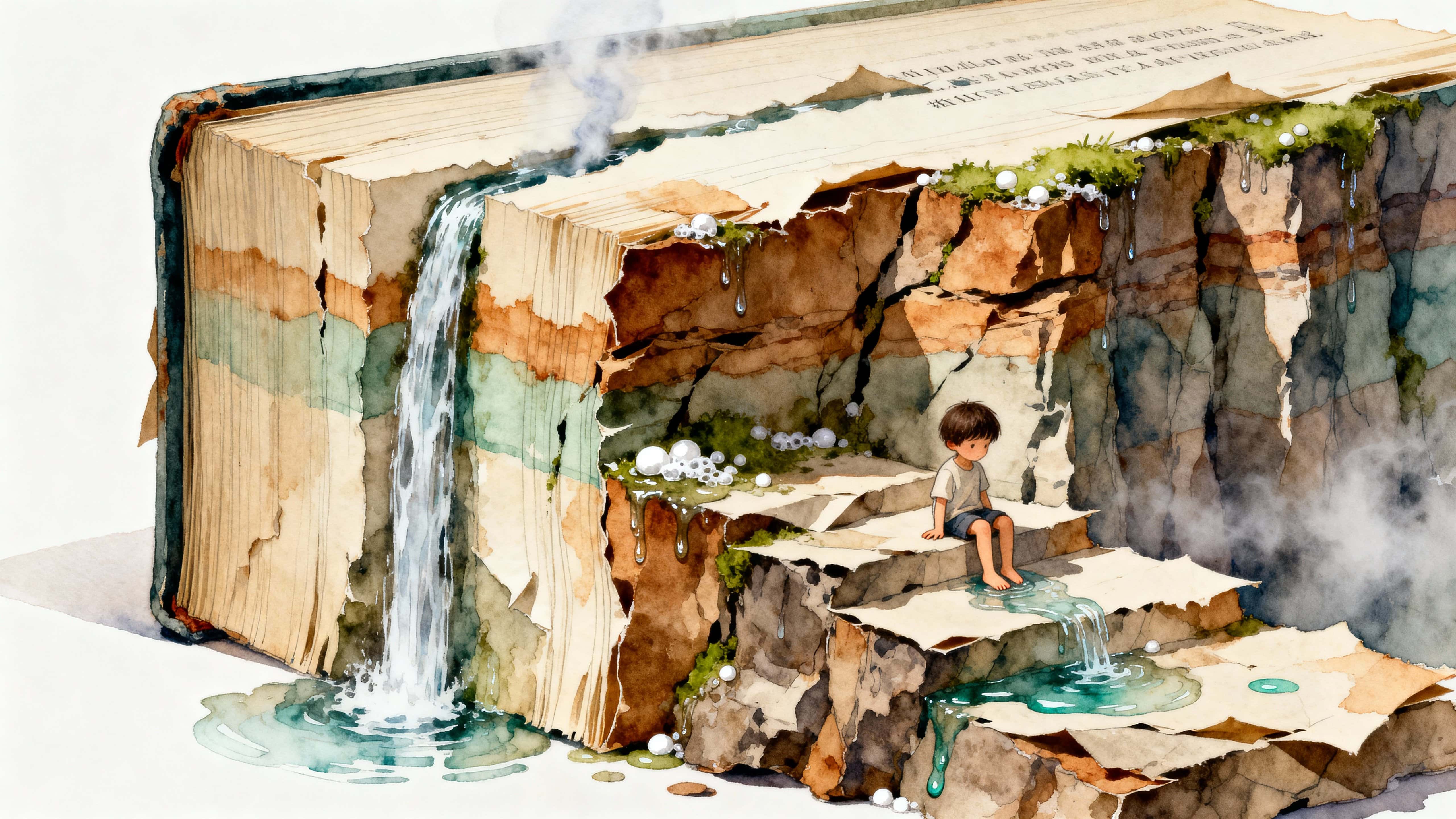 A torn, rugged storybook becomes a rocky cliff with layered pages forming ledges while a miniature waterfall runs from the spine and a small child dips their feet in the stream below.
