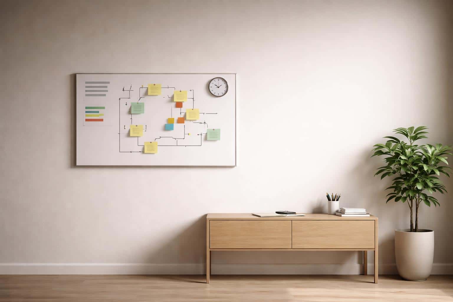 Minimal, calm strategy room interior photographed as a wide 3:2 composition with visible productivity indicators and clean negative space for a poster cover.