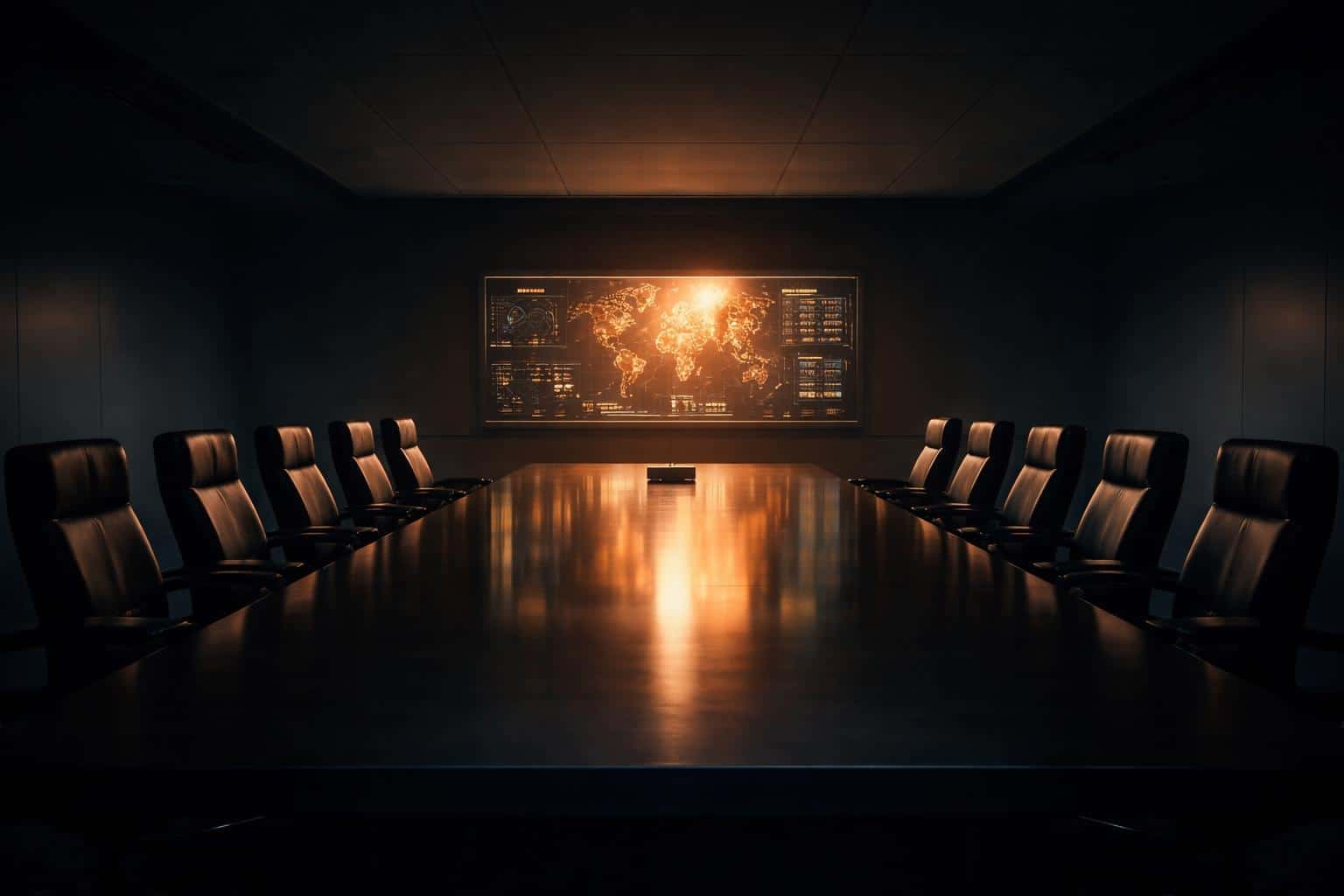A cinematic 3:2 interior photograph of a large strategy room centered on one long table and a single glowing display, with moody low-key lighting and haze.