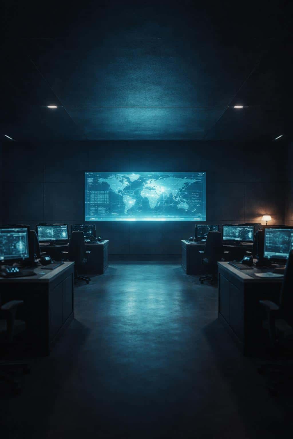 A low-key architectural photograph of a wide strategy room with a single glowing screen centered in the frame, composed for a 2:3 portrait poster-cover layout with cinematic mood.