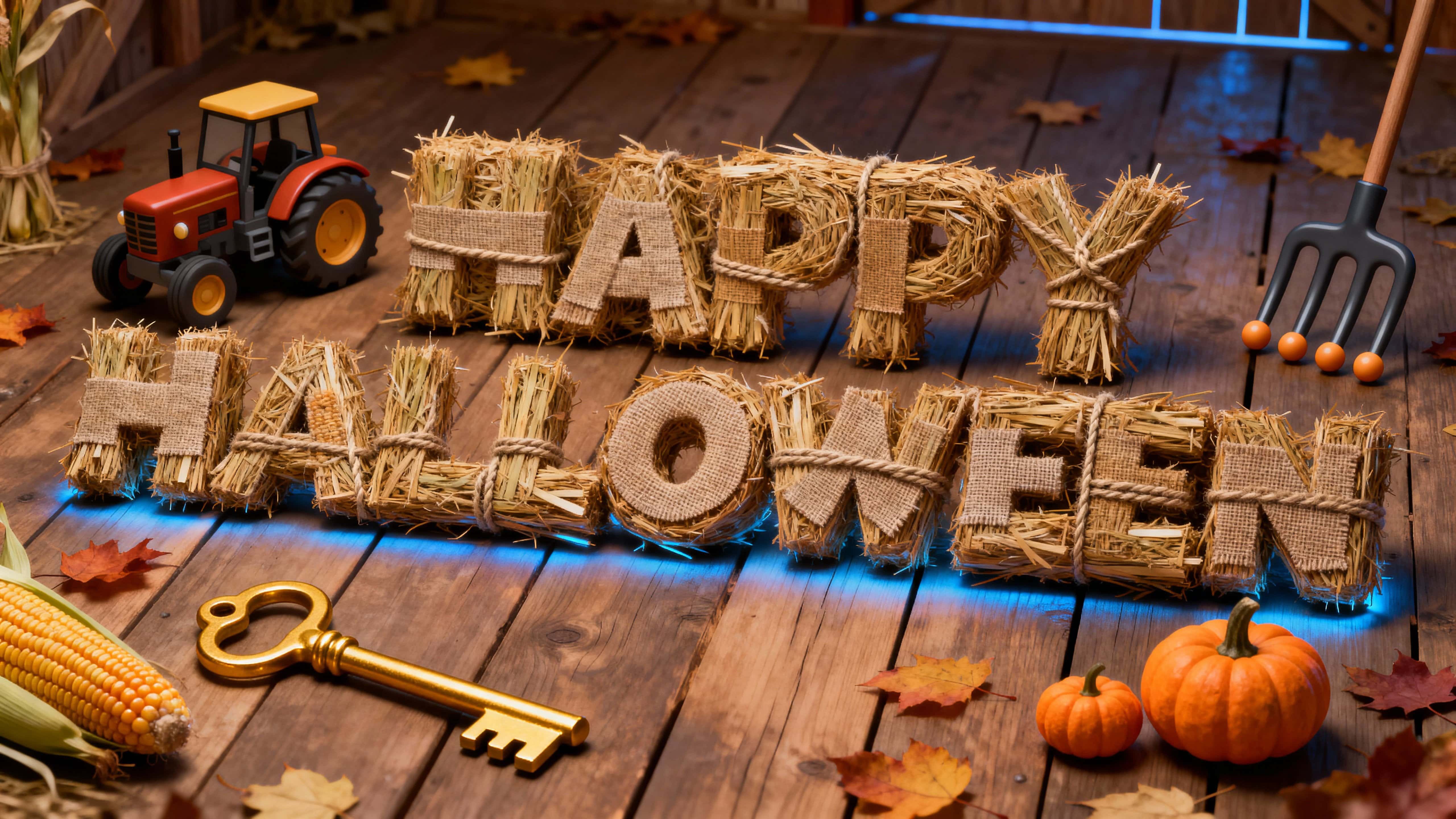 'HAPPY HALLOWEEN' letters bundled from straw with twine and burlap, flanked by a toy tractor, corn cobs, mini pumpkins, rounded-tine pitchfork and a golden key with a cool twilight rim on weathered barn planks strewn with autumn leaves in a