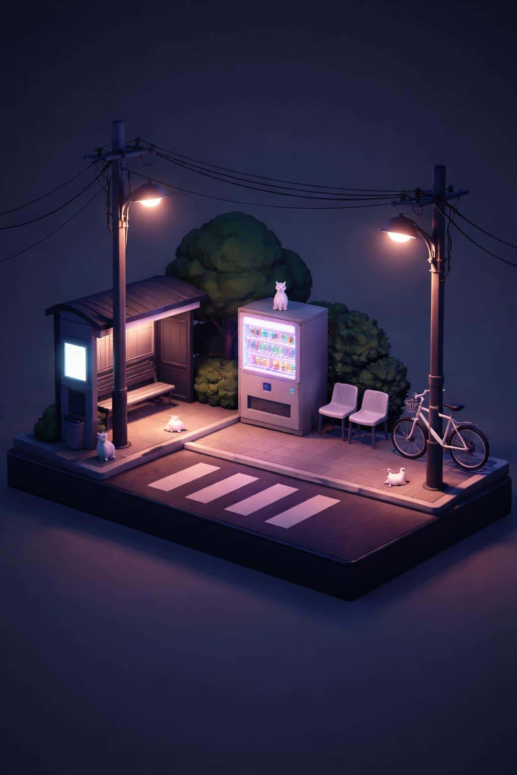 A nocturnal street corner is rendered as an isometric 3D diorama with vibrant pink neon lighting and deep shadows for a stylized miniature model illustration.