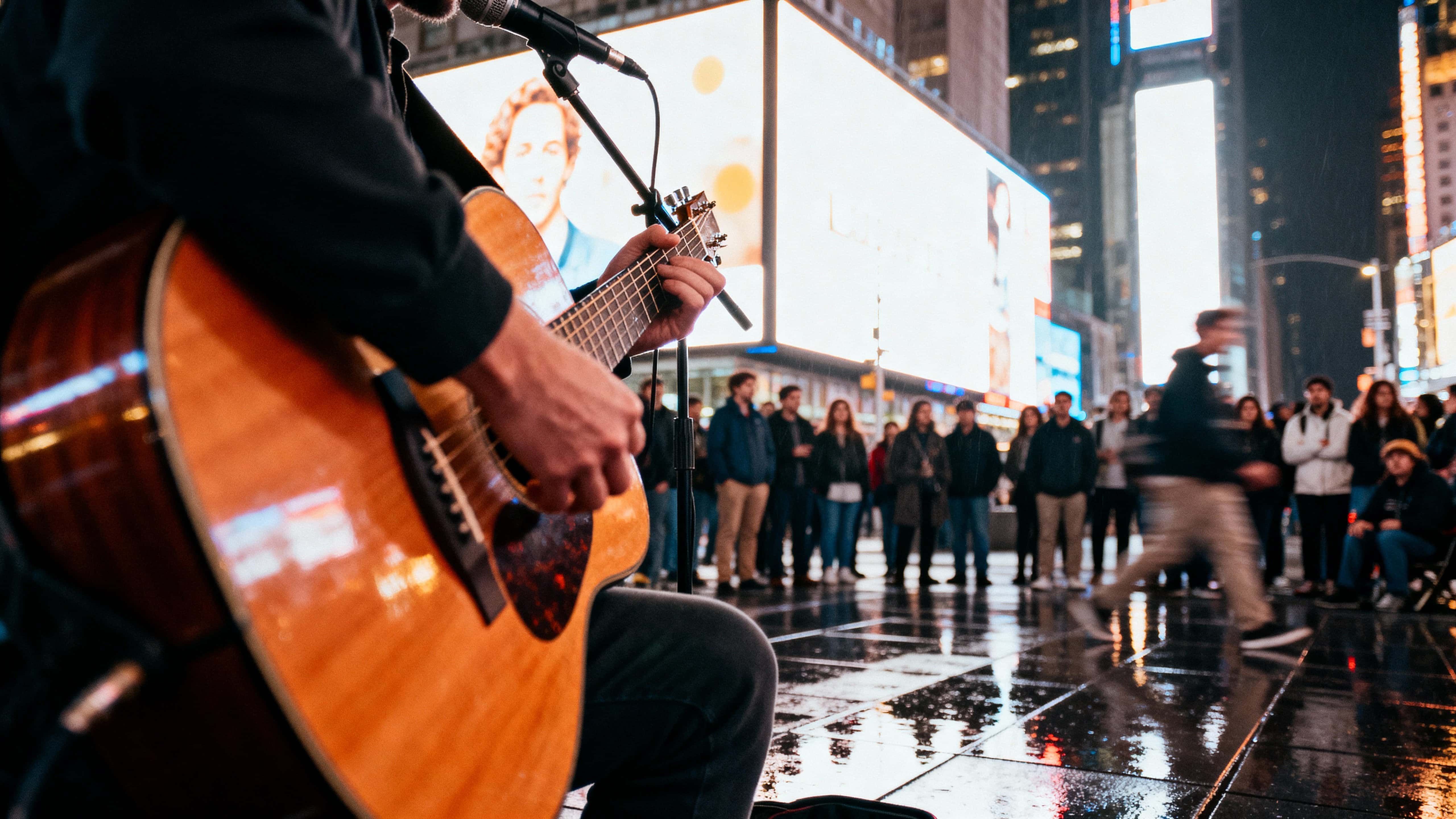 A cinematic 16:9 photo of a street performer playing guitar beneath glowing billboards with a crowd around and wet ground reflecting neon city lights.