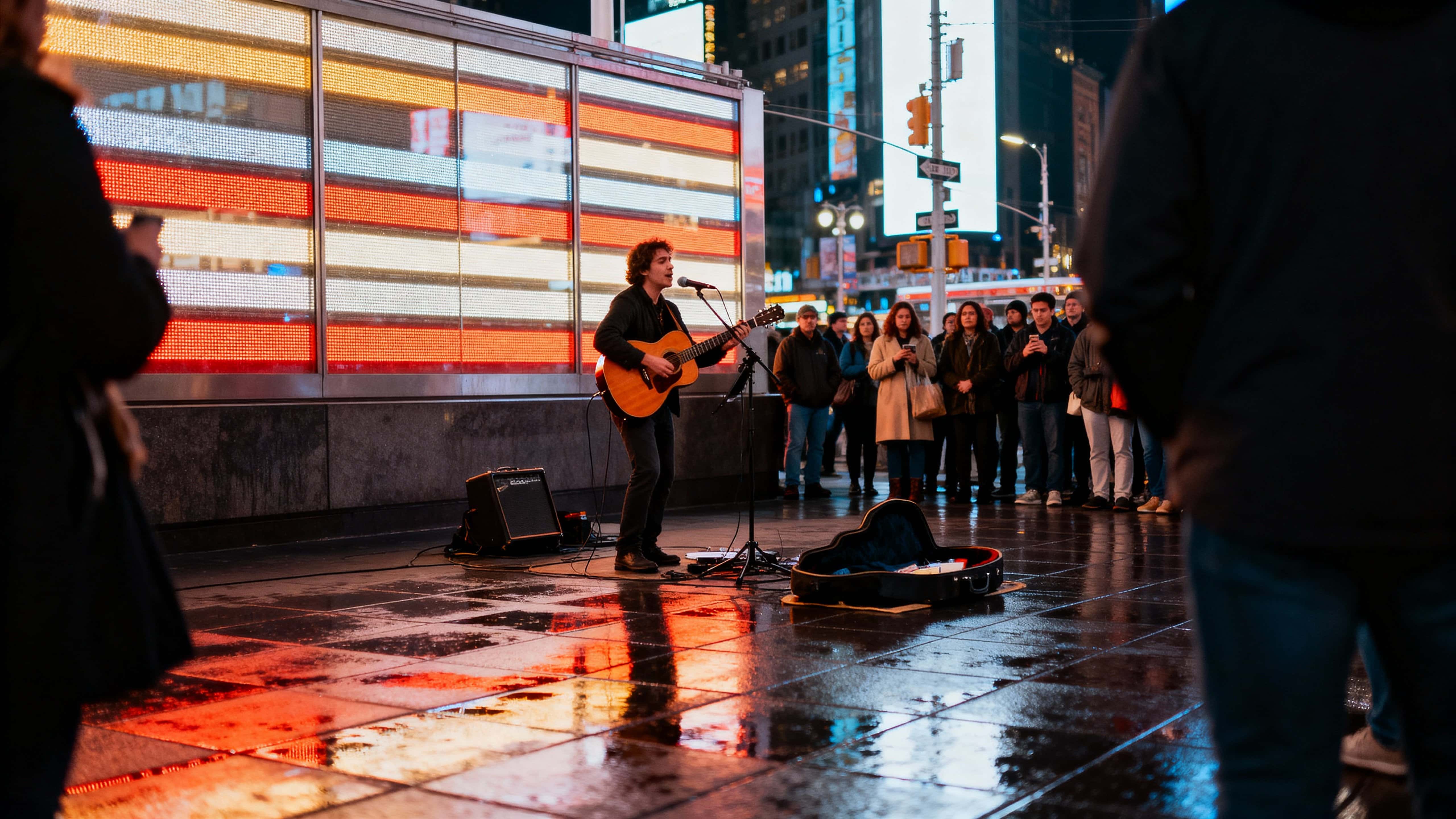 A cinematic 16:9 photo of a street performer playing guitar beneath glowing billboards with a crowd around and wet ground reflecting neon city lights.