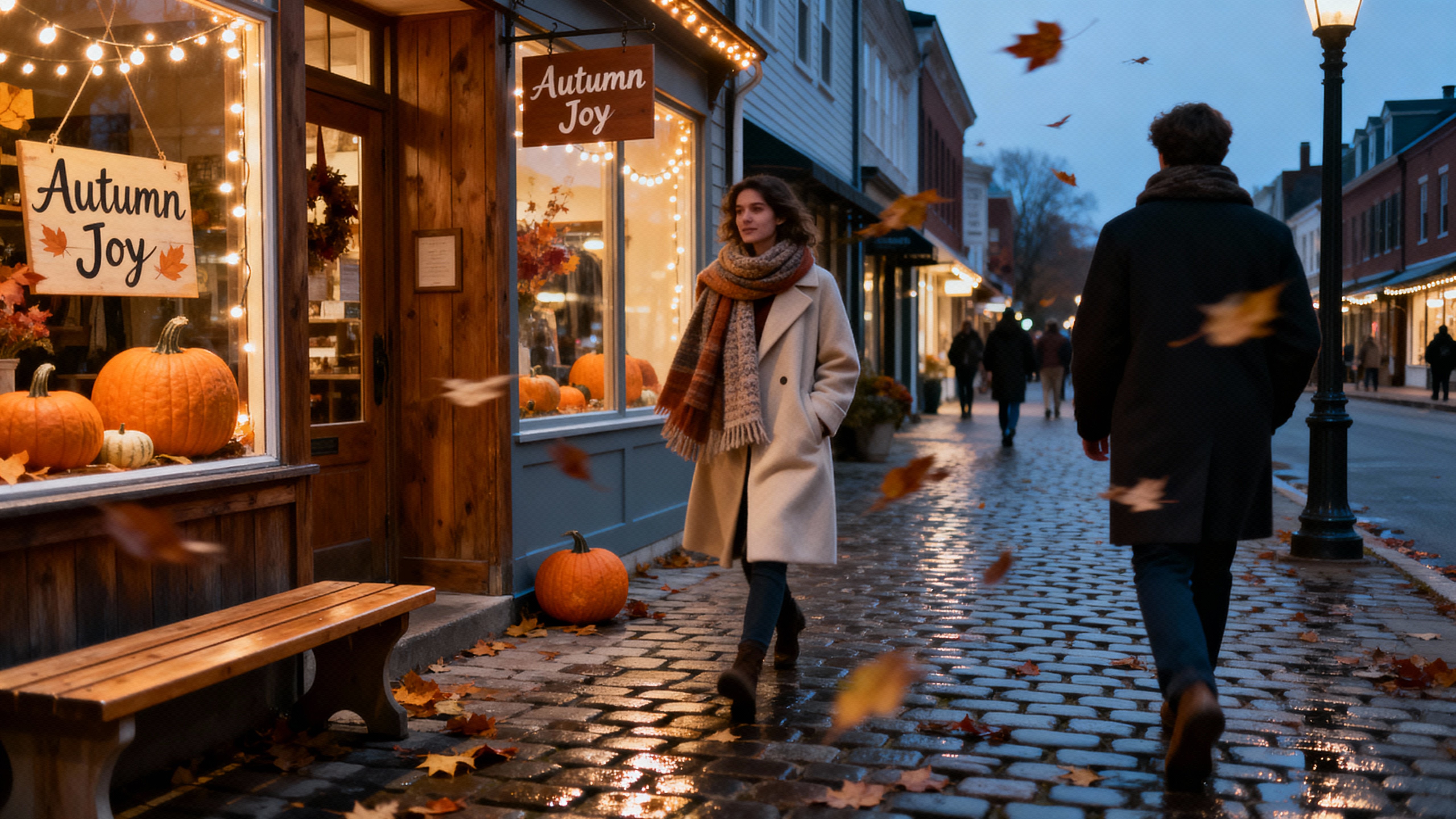 A cozy cobblestone street lined with small shops dressed for fall, pumpkins and string lights glowing as pedestrians in coats stroll during golden hour into twilight.