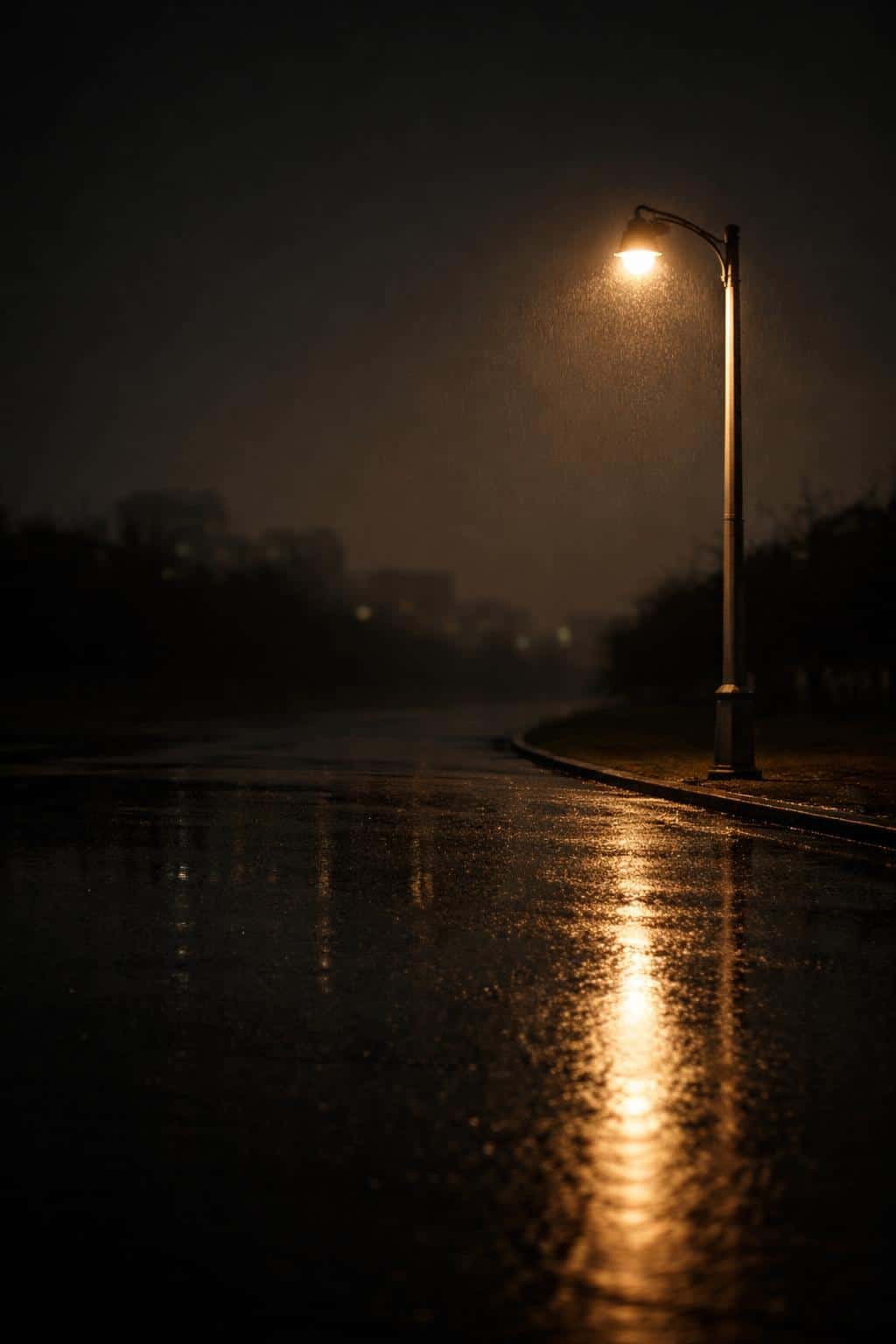 Single streetlight photographed after rain in a vertical 2:3 frame, glossy wet pavement reflections, soft halo glow and deep shadows, for moody wallpaper.