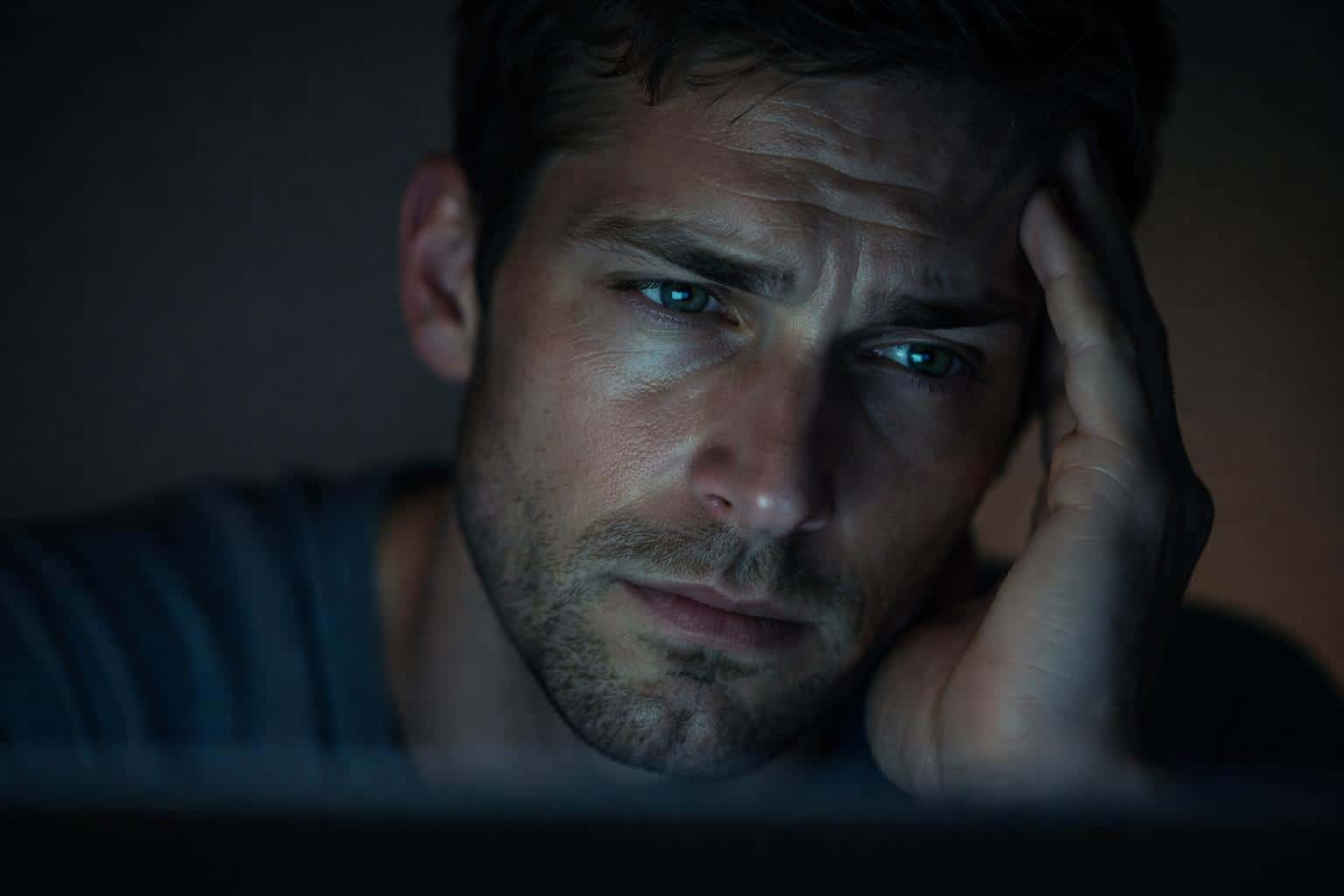 Close-up portrait of a stressed face with a laptop screen reflected across features, shot as a moody editorial portrait for poster or social use with cinematic lighting and tight crop.