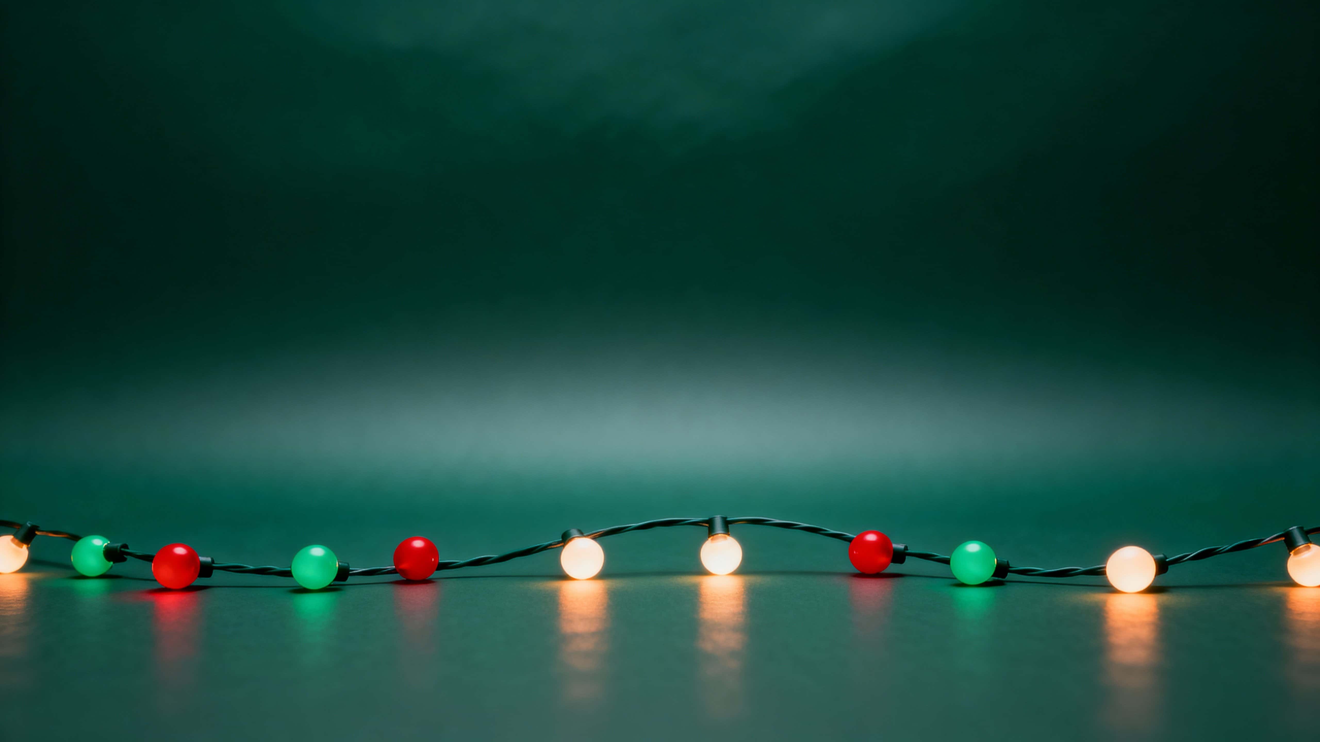 A 16:9 Christmas background with a deep pine-green gradient, a gentle arc of small round red, green, and warm-white bulbs on a subtle dark cable along the lower third, leaving a clear upper area for copy.
