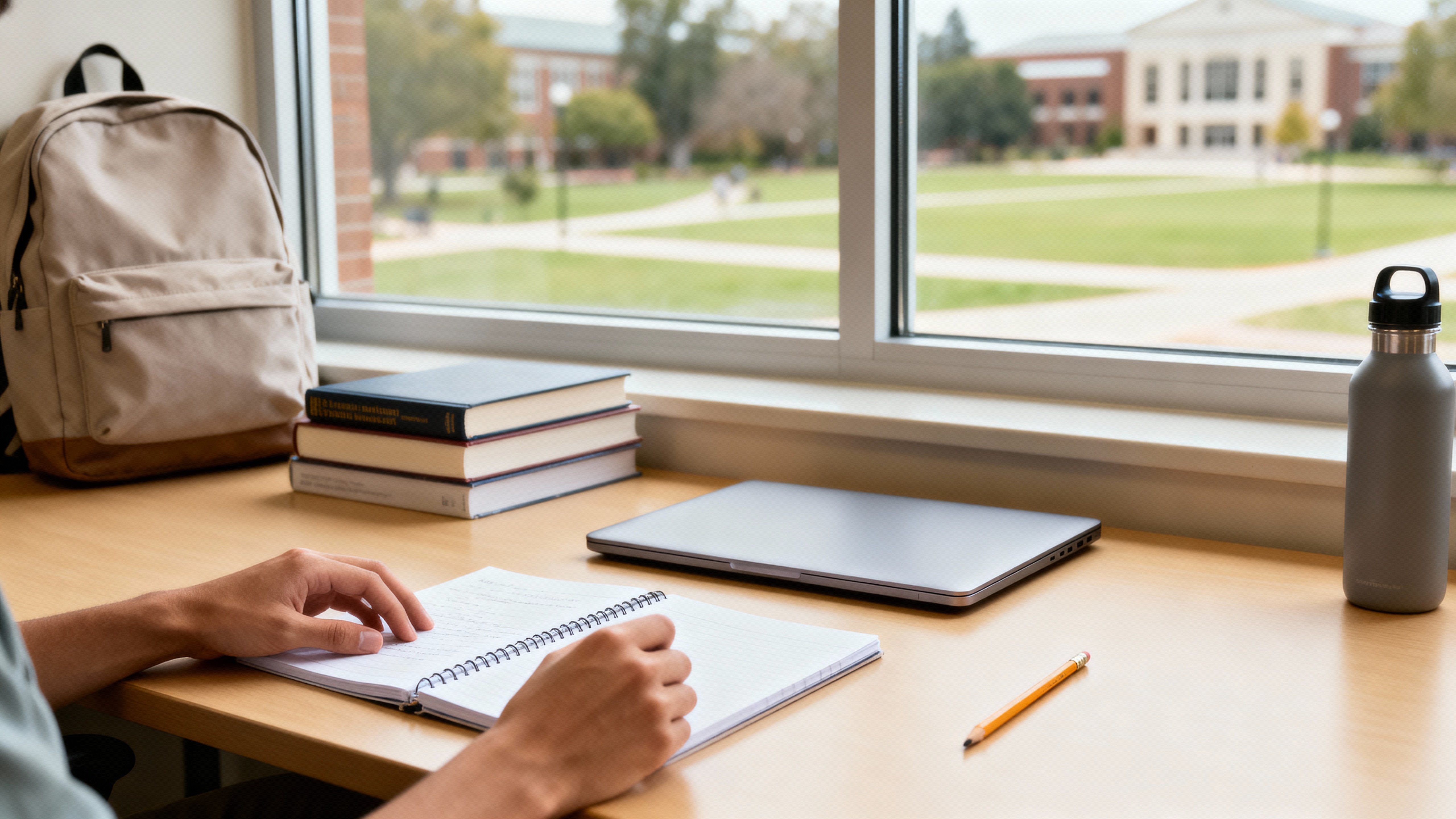 Hands adjust a notebook in a minimalist back-to-campus study nook on a pale-wood desk with a neutral backpack, textbooks, closed laptop, graphite pencil and bottle, lit by soft window light with a warm-beige lift and soft-gray, muted-sage /