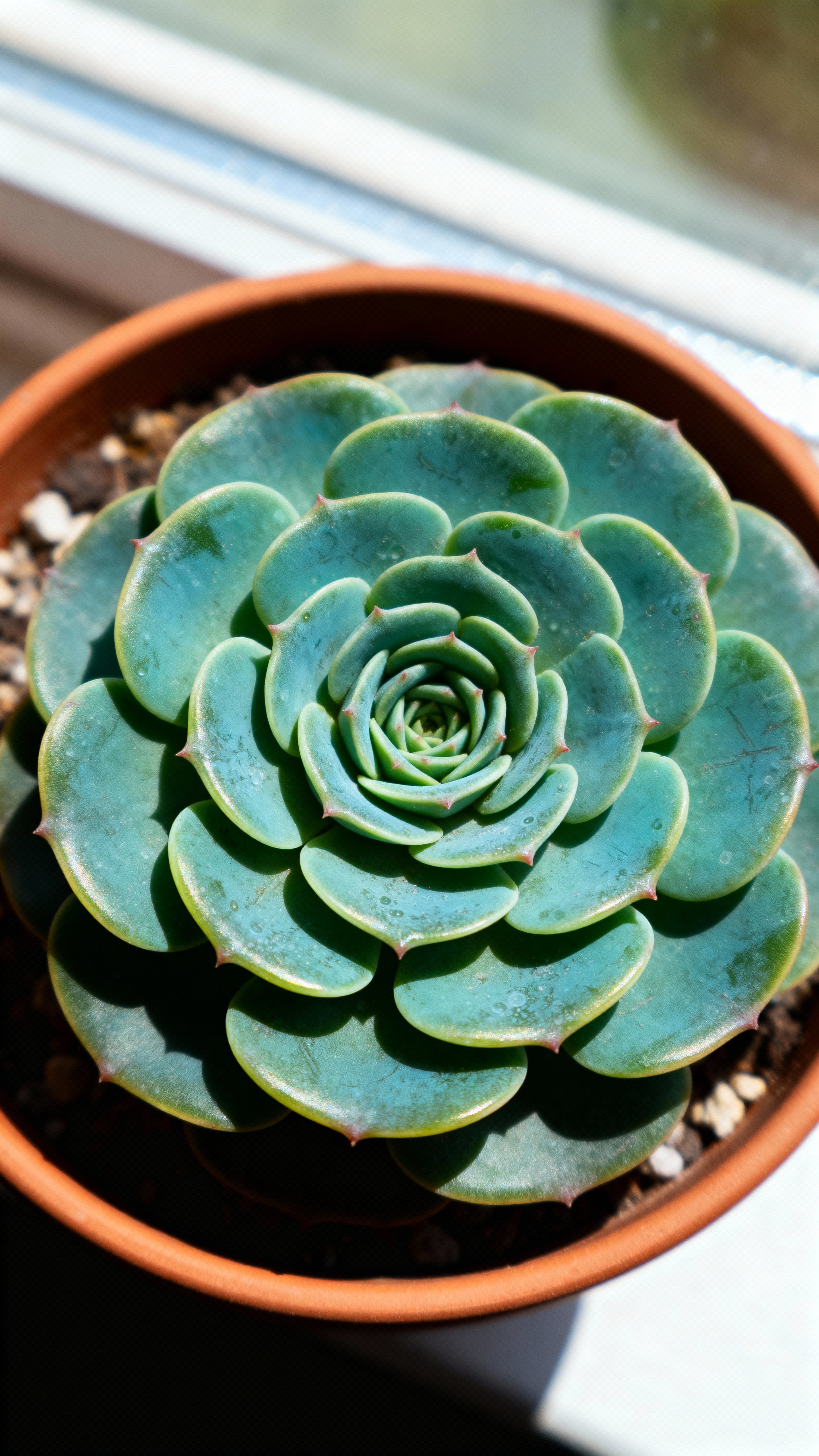 Macro photograph of a tight rosette succulent forming a Fibonacci spiral on a sunlit windowsill, with warm-teal and deep-green leaves, a terracotta rim, and soft-cream background, showing matte bloom, micro-scratches, and delicate edge-to-s