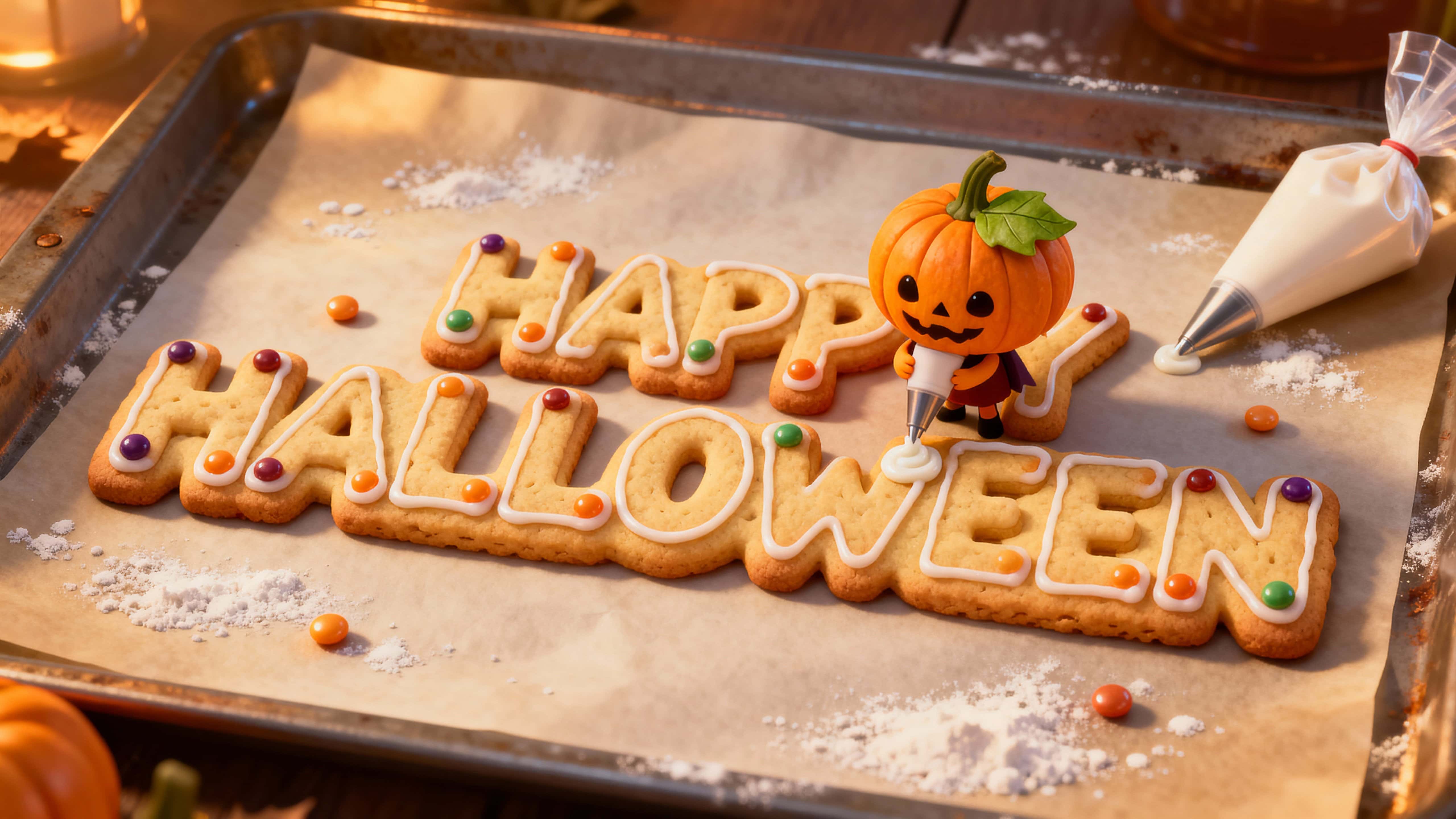 Wide 16:9 tabletop view of oversized golden-brown sugar cookies spelling HAPPY HALLOWEEN with ivory royal icing and candy pearls as a tiny orange pumpkin sprite with a green leaf cap pipes icing onto the “P”, amber oven-glow reflecting on a