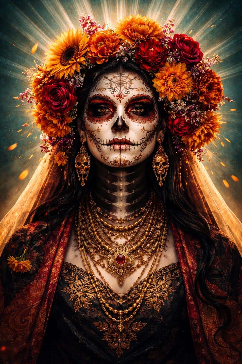 Central sugar-skull figure in a richly detailed digital-painting with floral headdress and radiant teal backdrop, composed for a vertical 2:3 poster-cover format.