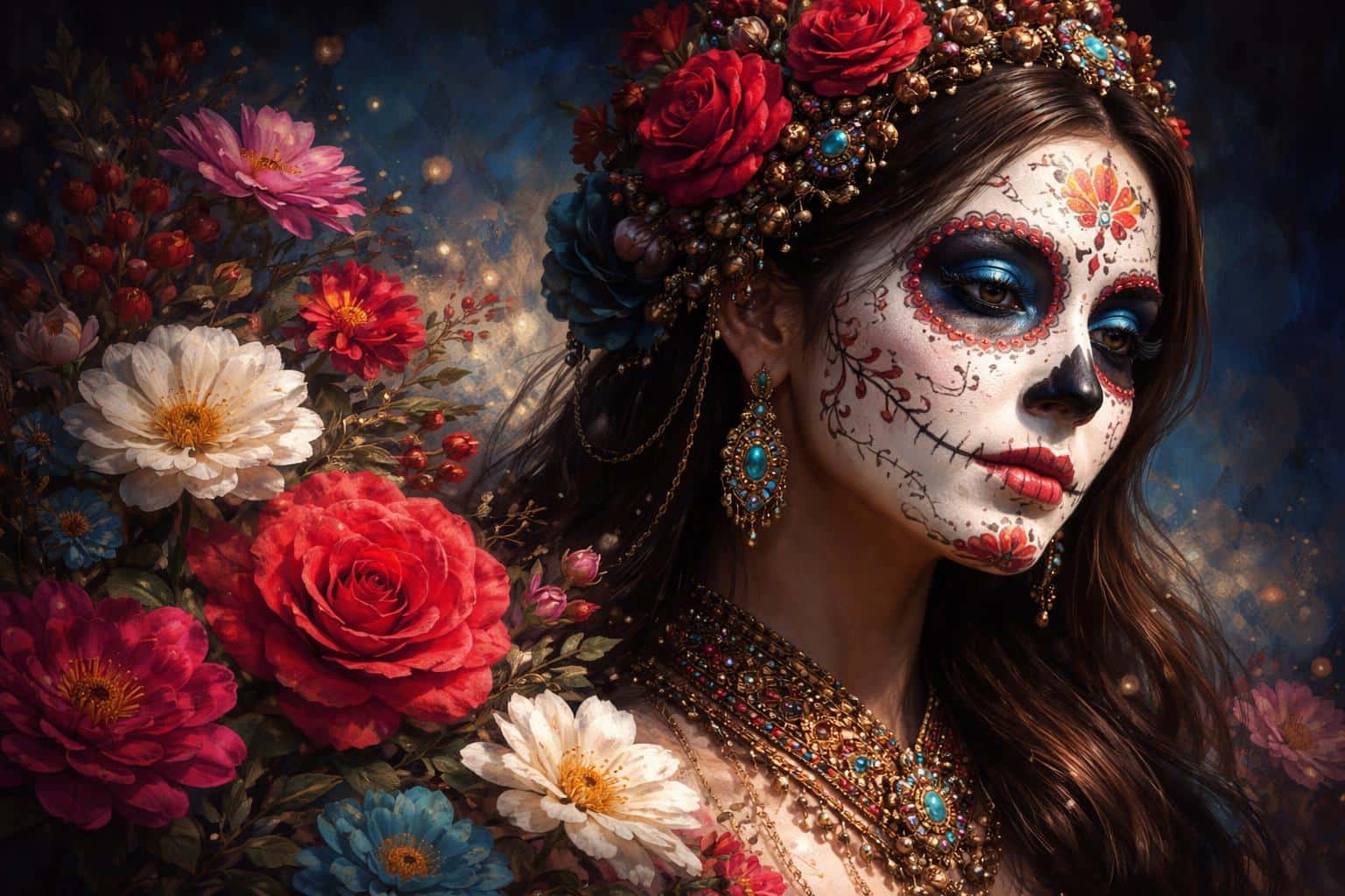 A photoreal yet painterly digital-painting of a female sugar-skull portrait framed for 3:2 wallpaper or poster, with an ornate floral backdrop and dramatic lighting.