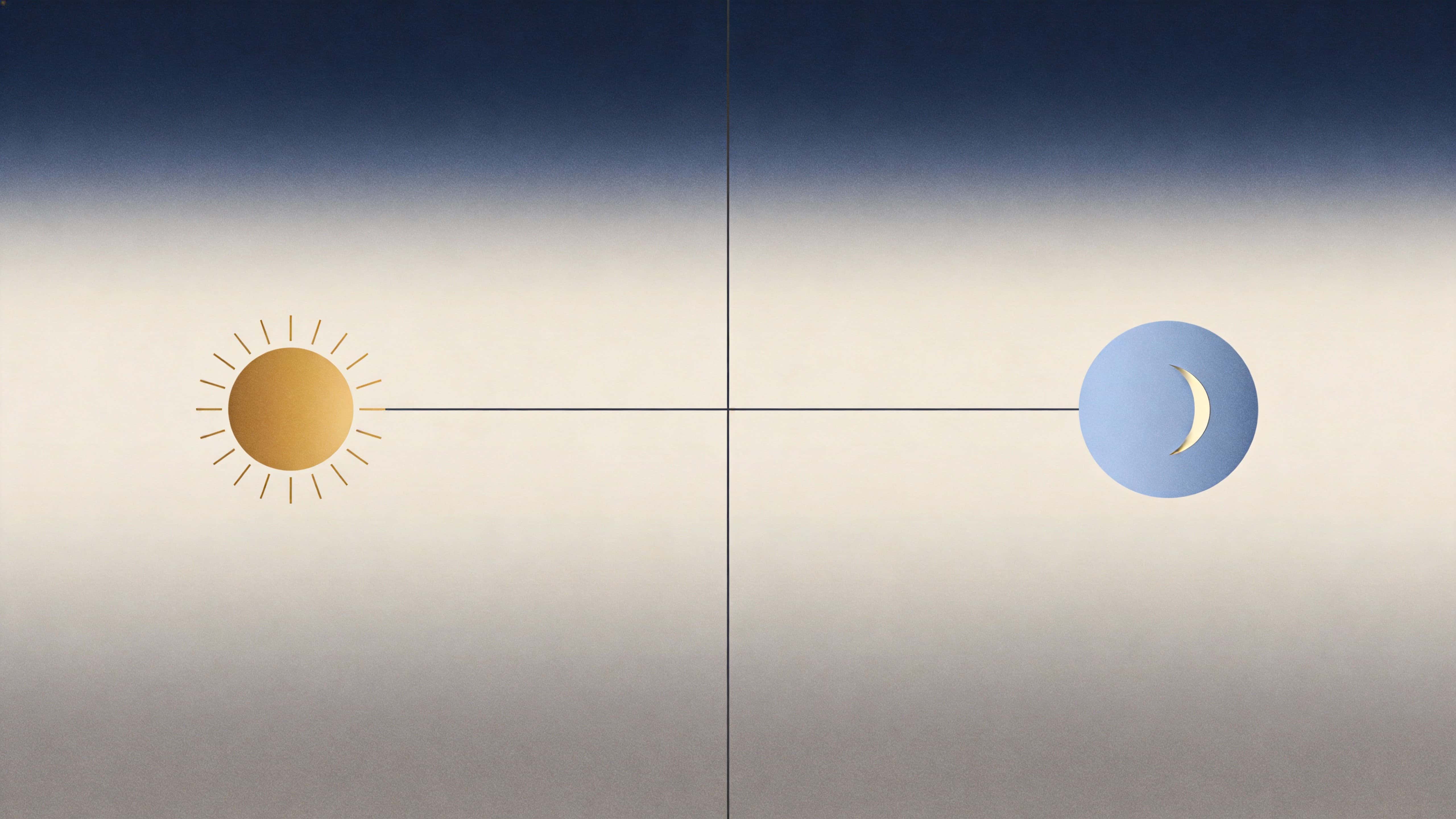 Minimal vector illustration of a sun and moon balanced across a 16:9 horizontal composition, designed as a serene poster-cover with strong negative space.