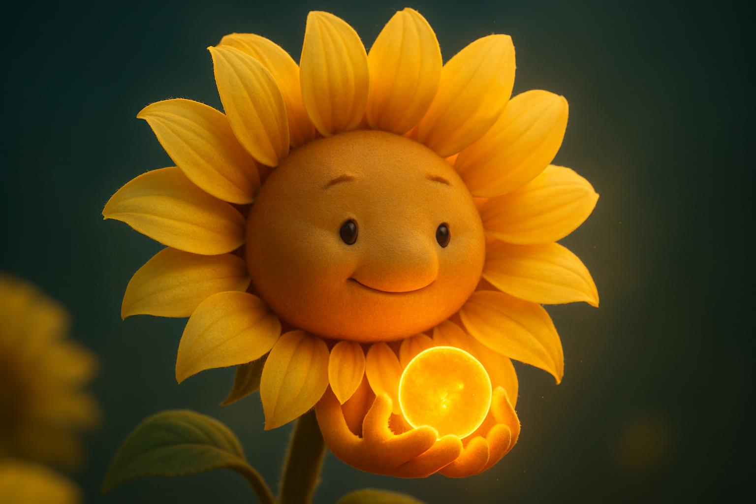A vivid portrait of a sunflower that cradles a tiny, radiant sun in its center, refusing to wait for daylight. Warm backlight and tactile petal detail create a playful, triumphant scene that reads like a joyful, self-lit portrait photograph.