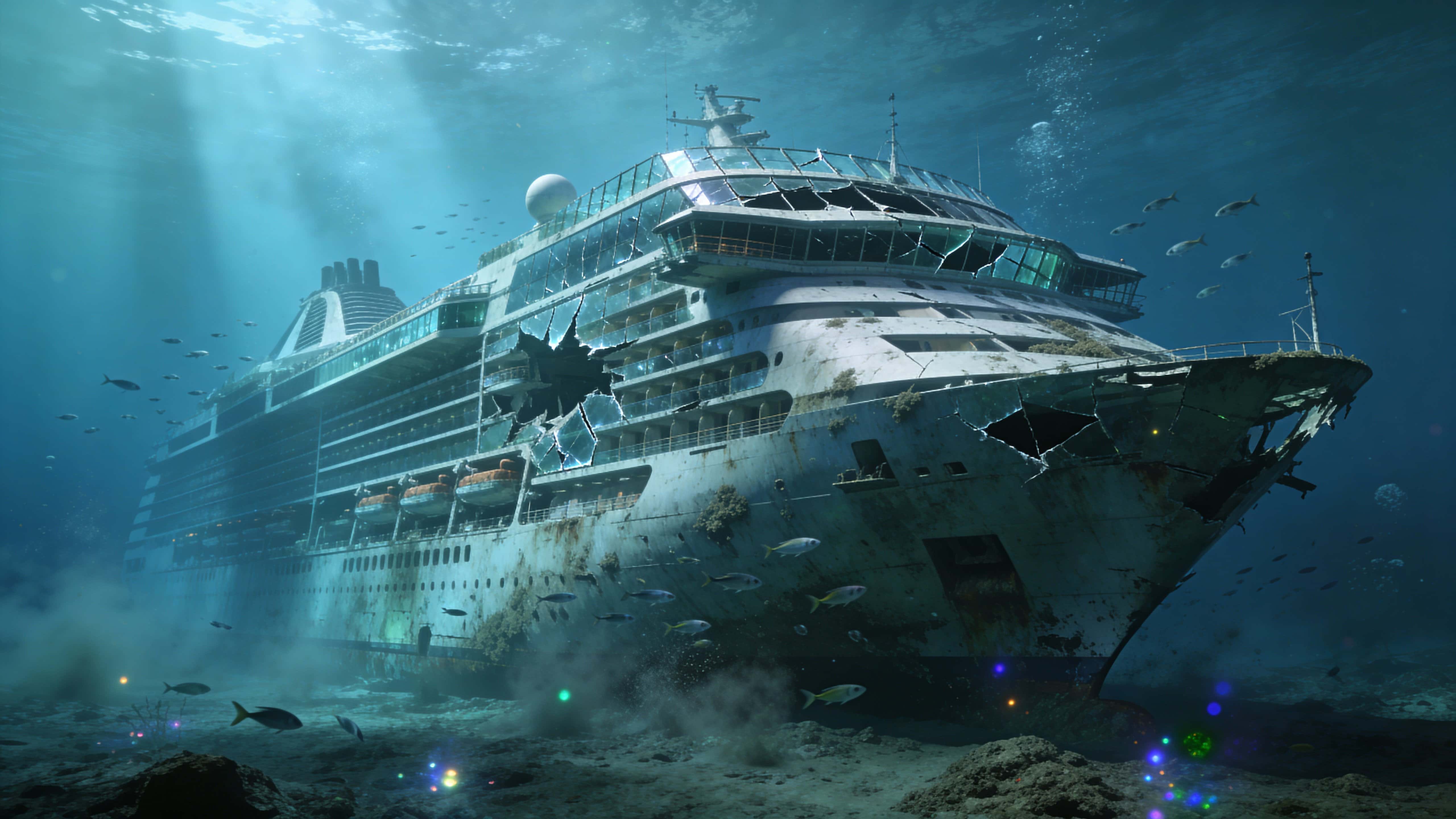 A modern ocean liner lies collapsed on the seafloor years after sinking, its fractured glass and collapsed balconies encrusted with corrosion and sediment while schools of fish drift through soft blue ambient light.