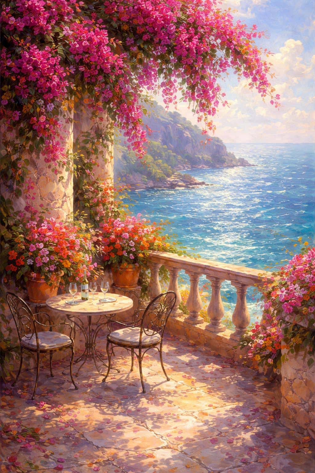 Vertical 2:3 impressionist oil of a sun-drenched stone balcony overlooking a sparkling Mediterranean sea, with magenta bougainvillea spilling over the railing and loose brushstrokes capturing warm, hazy summer light.