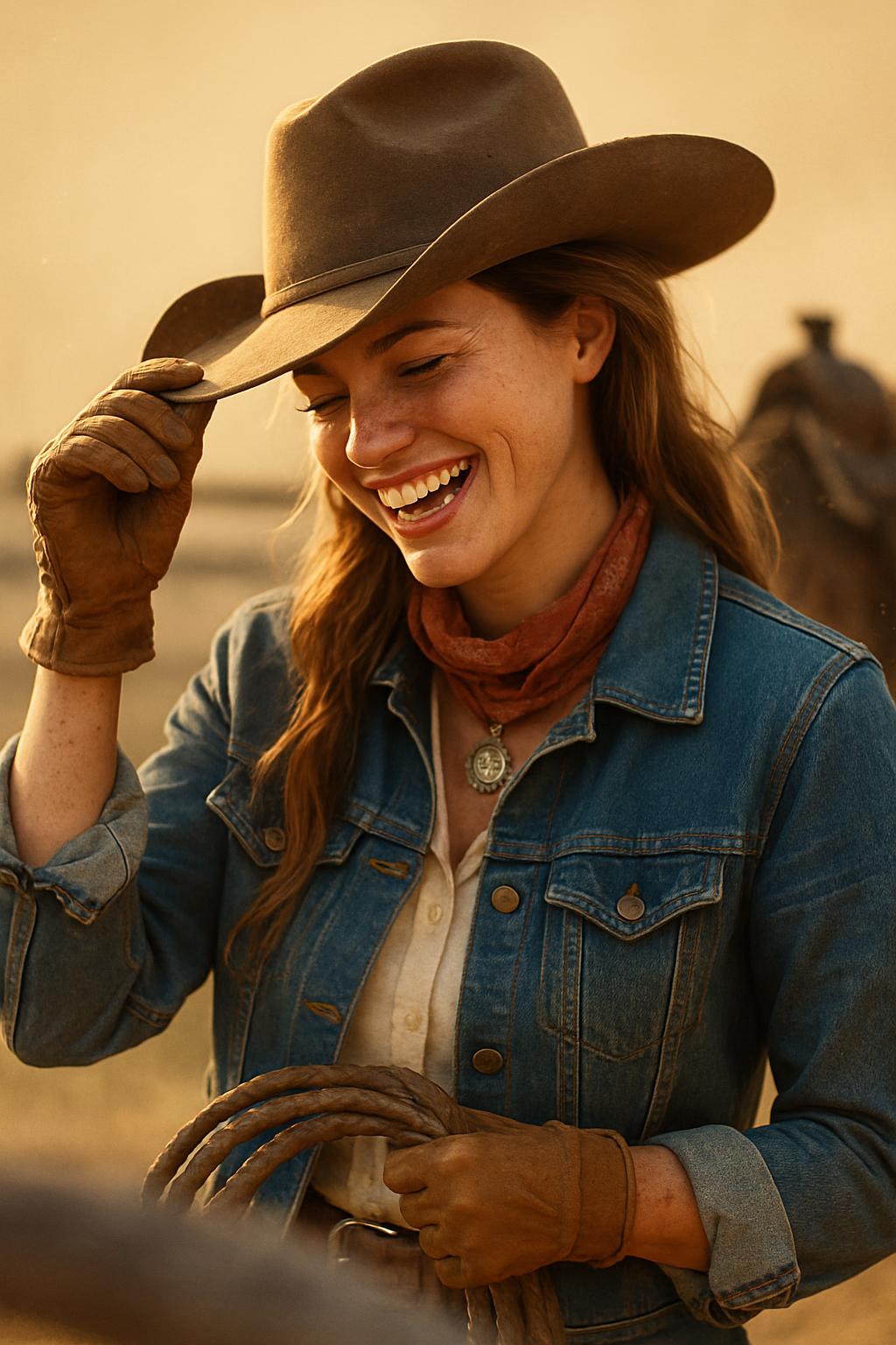 A warm, cinematic portrait of a smiling cowgirl in a 2:3 vertical frame. Sun-kissed and candid, she tips a weathered felt hat while denim and leather catch golden light, with ranch details softly receding into a creamy bokeh that feels intimate and inventive.