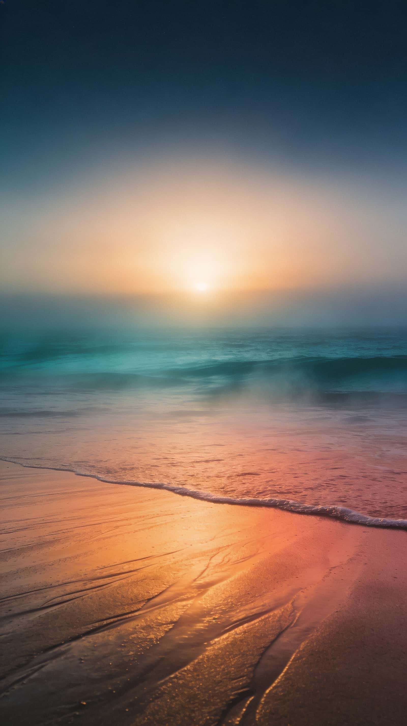 Cinematic 9:16 sunrise beach wallpaper with warm amber and coral at the lower horizon fading into cool teal shadows and deep navy sky, wet-sand ripples, silky water blur, subtle mist, and light film grain.