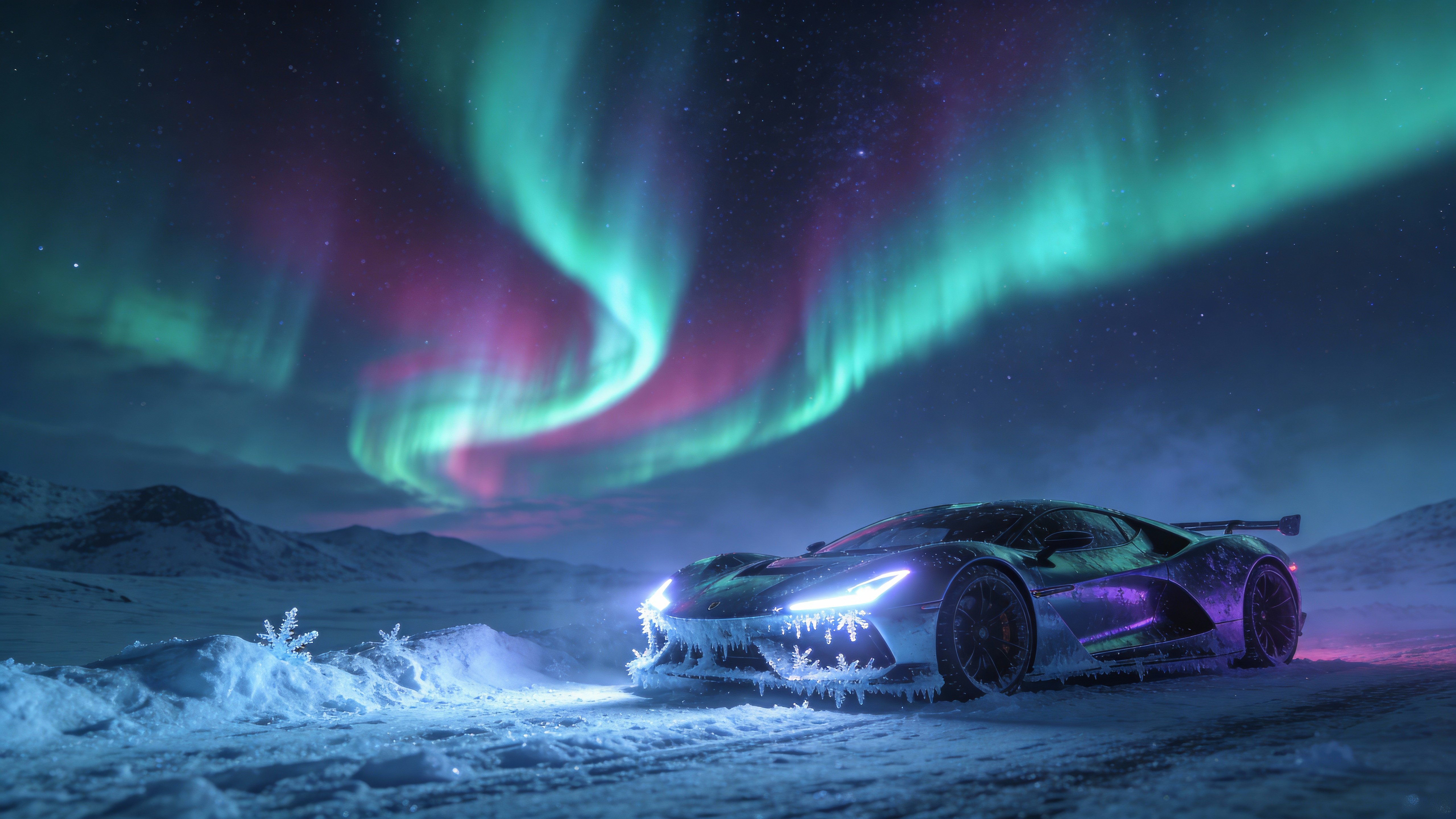 Low-angle cinematic view of a supercar resting on icy snow beneath sweeping aurora borealis, sharp headlights cutting through cold atmospheric haze in a photorealistic 16:9 night scene.