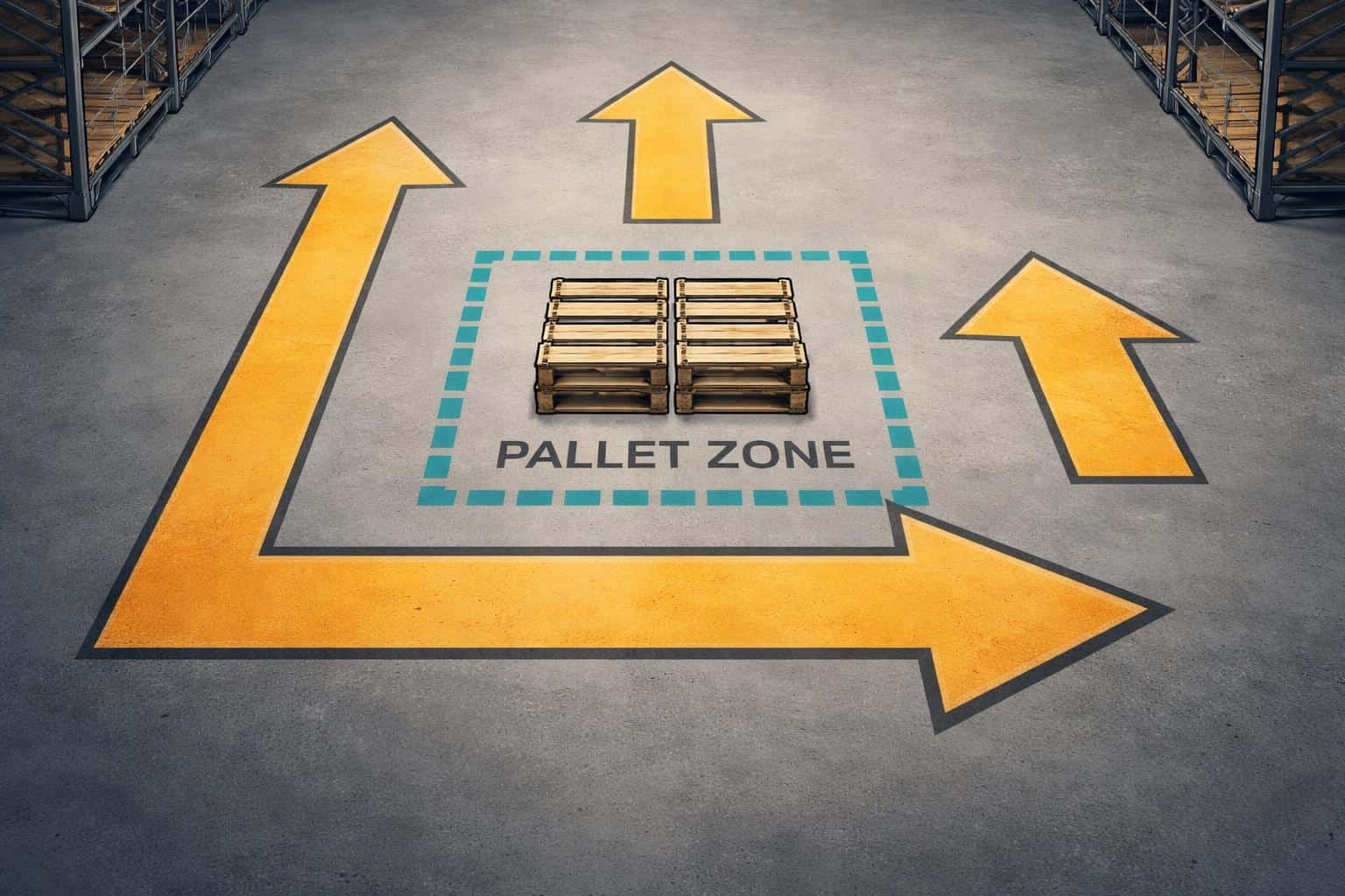 Warehouse floor map showing physical supply-chain arrows in a clean vector-illustration style for an infographic layout, framed to a 3:2 aspect ratio.