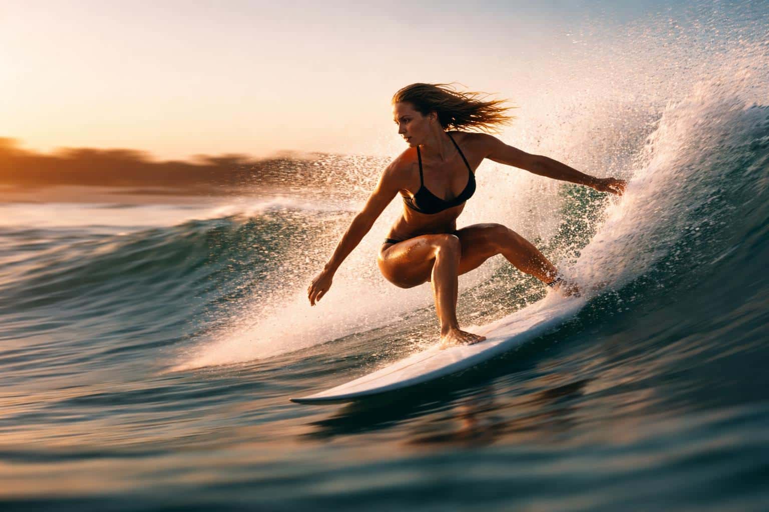 Wide 3:2 water-level sports photo of a late-20s surfer tracked from the side, panned to keep rider sharp while ocean and shoreline smear into lateral streaks, with amber rim light, cool teal shadows, elongated spray trails, subtle film grain and realistic droplets.