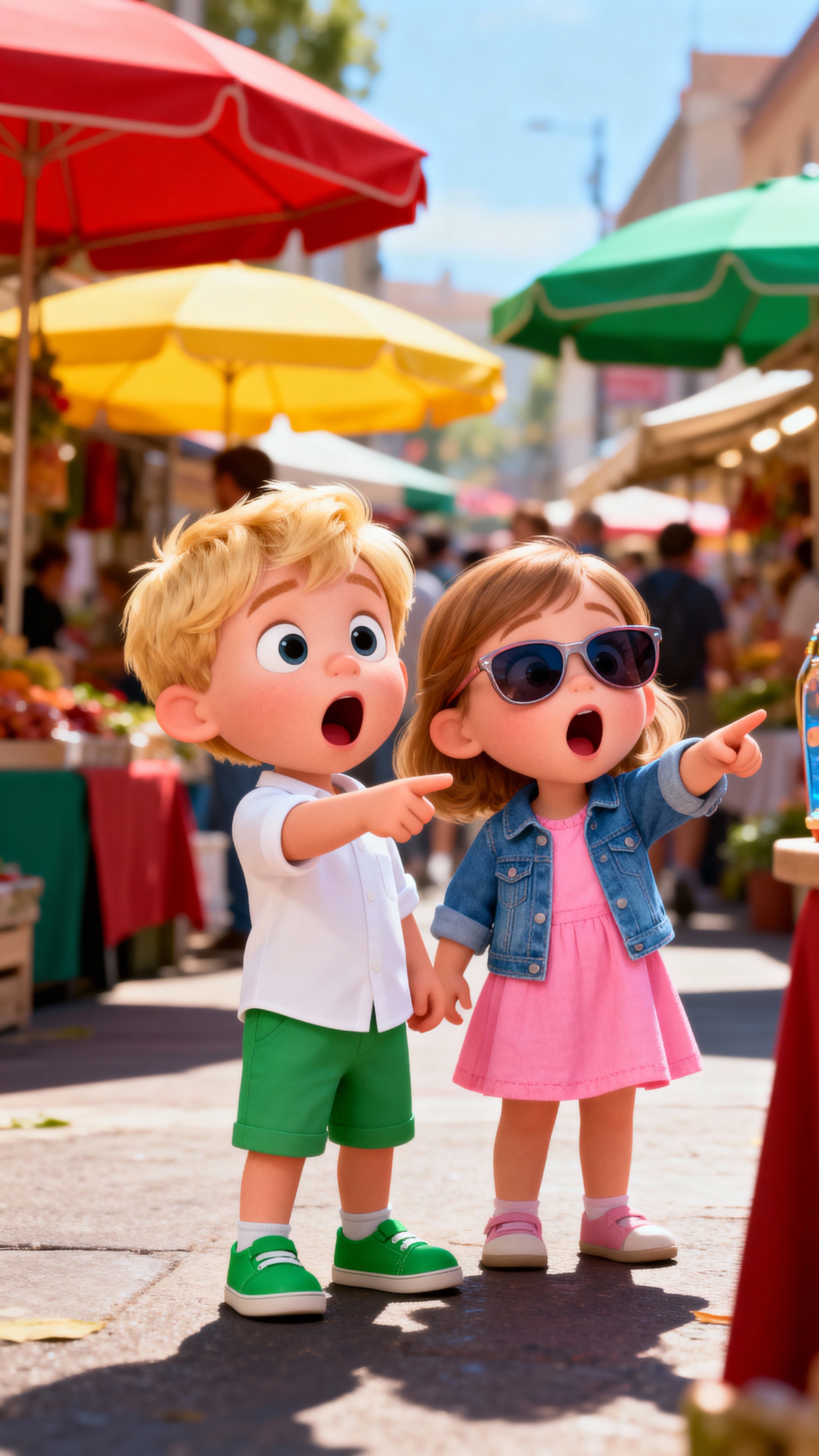 Two cute toddlers standing together in a lively outdoor street market. The baby boy has blonde hair, big surprised eyes, open mouth, wearing a white shirt, green shorts, and green shoes. Next to him, a little girl with light brown hair, a蓝e