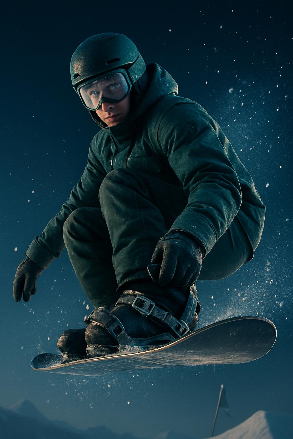 A surreal, high-energy cover image of a snowboarder caught mid-leap, blending motion and atmosphere into a moody, inventive action portrait that reads like extreme-sports poetry for a magazine cover.