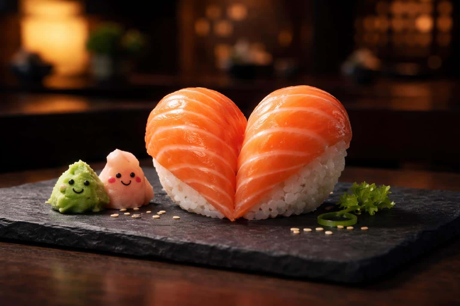 Surreal digital scene of two marbled salmon nigiri arranged into a perfect heart on a dark slate platter, cheered by wasabi and ginger characters under a warm spotlight.