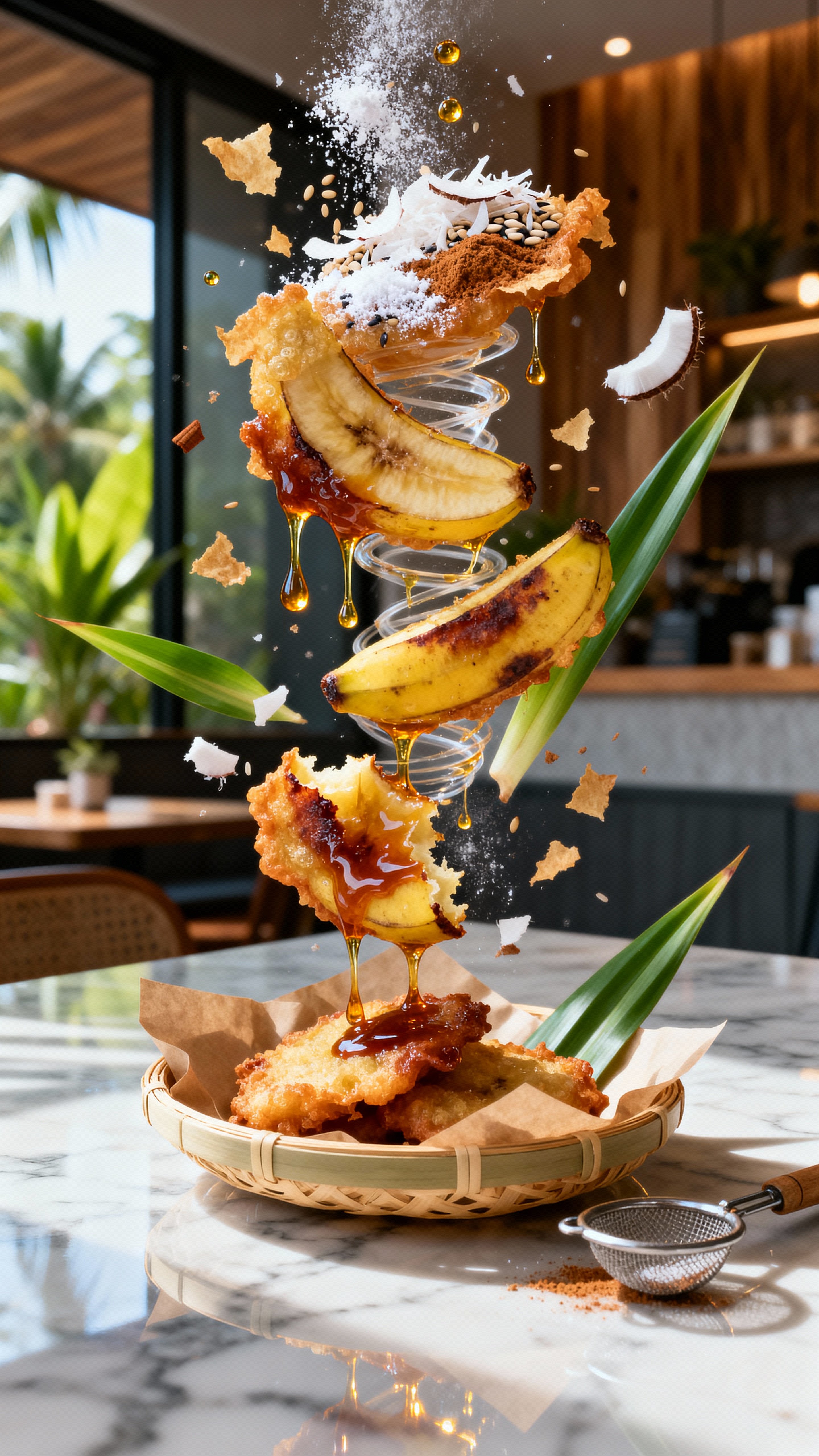 Hyper-realistic 9:16 poster of Indonesian fried banana fritters (pisang goreng) suspended mid-air above polished marble, surrounded by a miniature tornado of reinforcing elements: crispy batter flakes, tiny oil droplets with glossy glints,