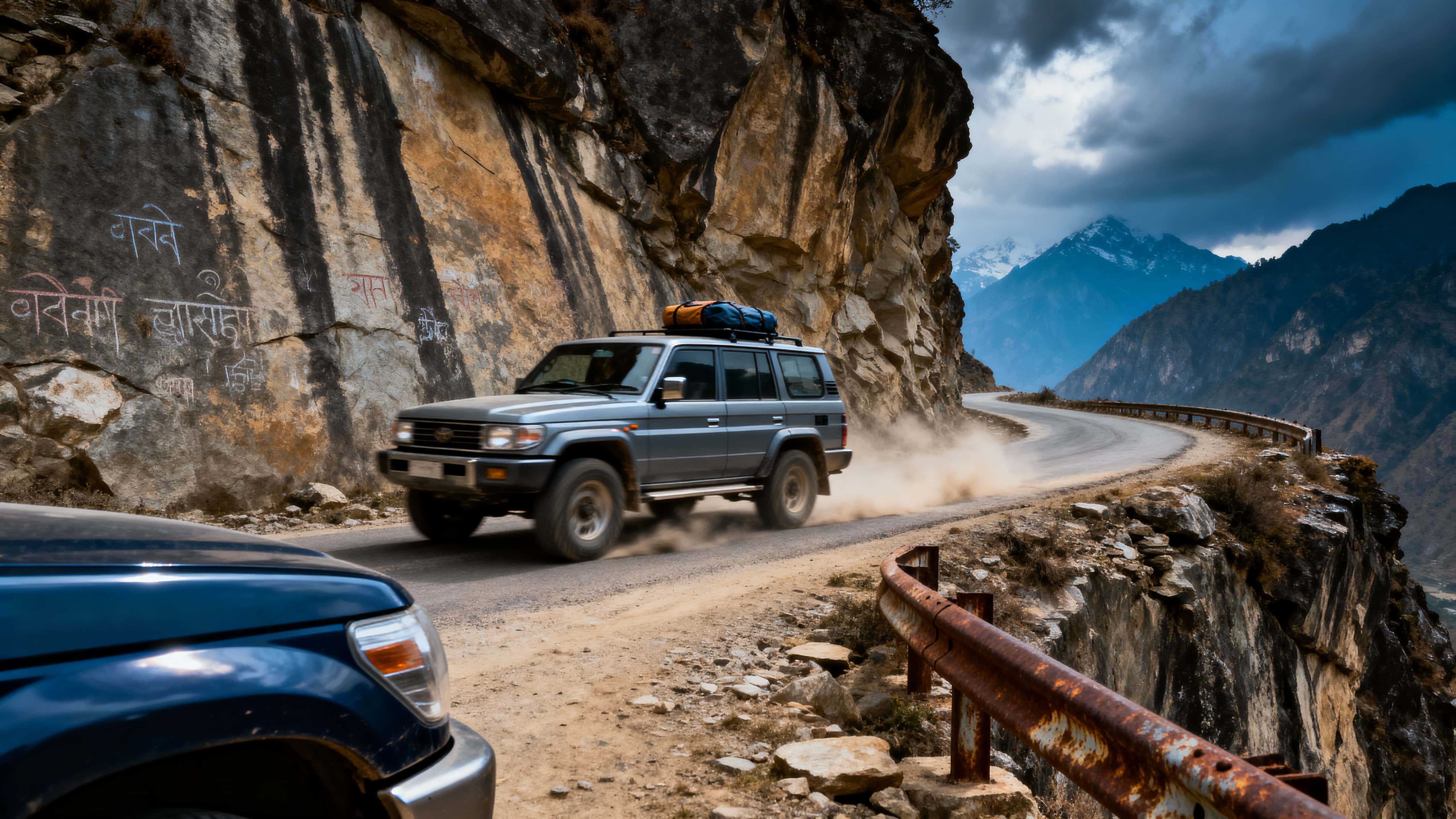 A rugged SUV threads a narrow Himalayan cliff road at drone level, kicking a dusty trail beneath dramatic clouds and sharp cliff faces, cinematic travel energy framed for 16:9 reels and posters.
