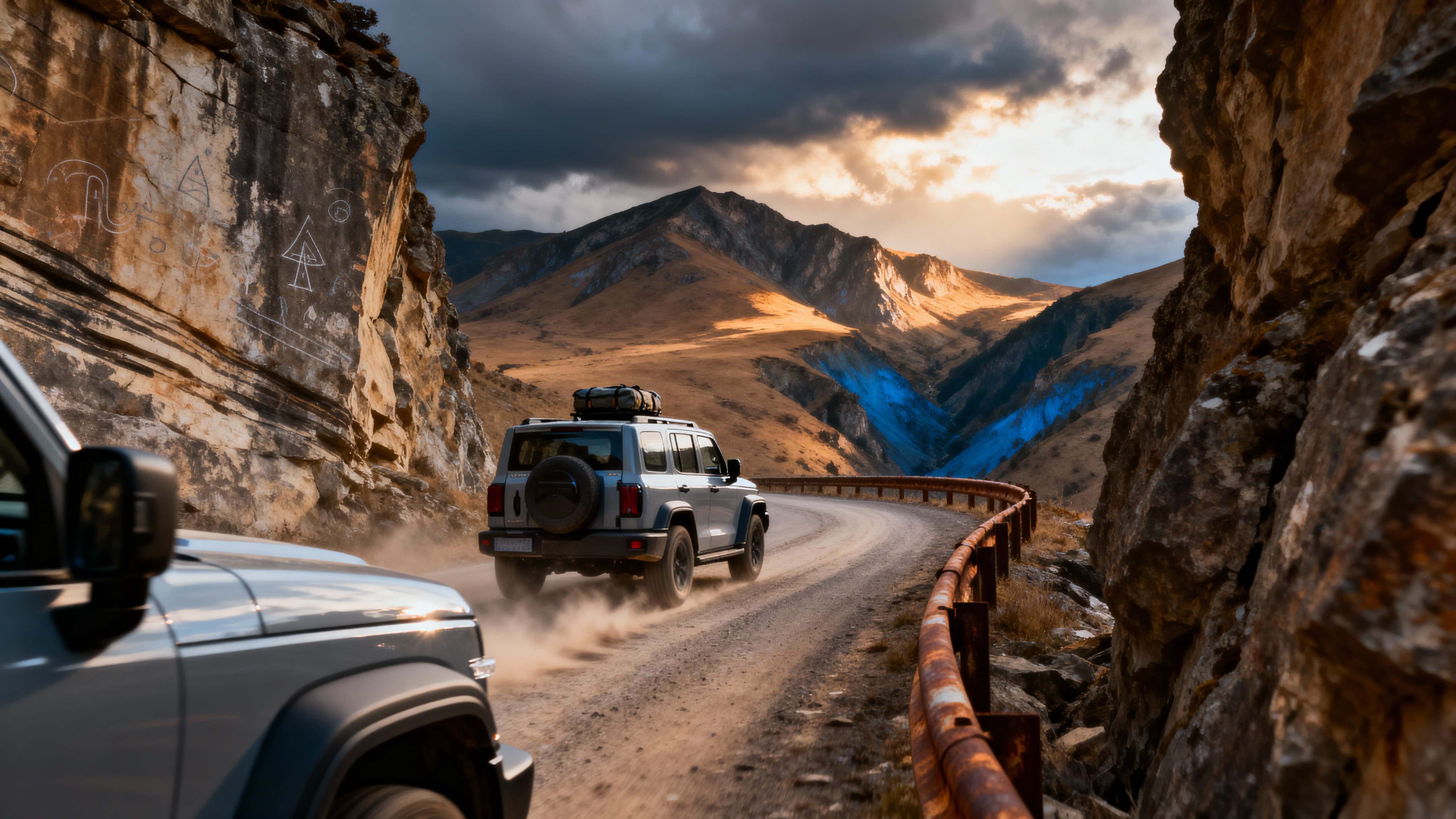 A rugged SUV threads a narrow Himalayan cliff road at drone level, kicking a dusty trail beneath dramatic clouds and sharp cliff faces, cinematic travel energy framed for 16:9 reels and posters.