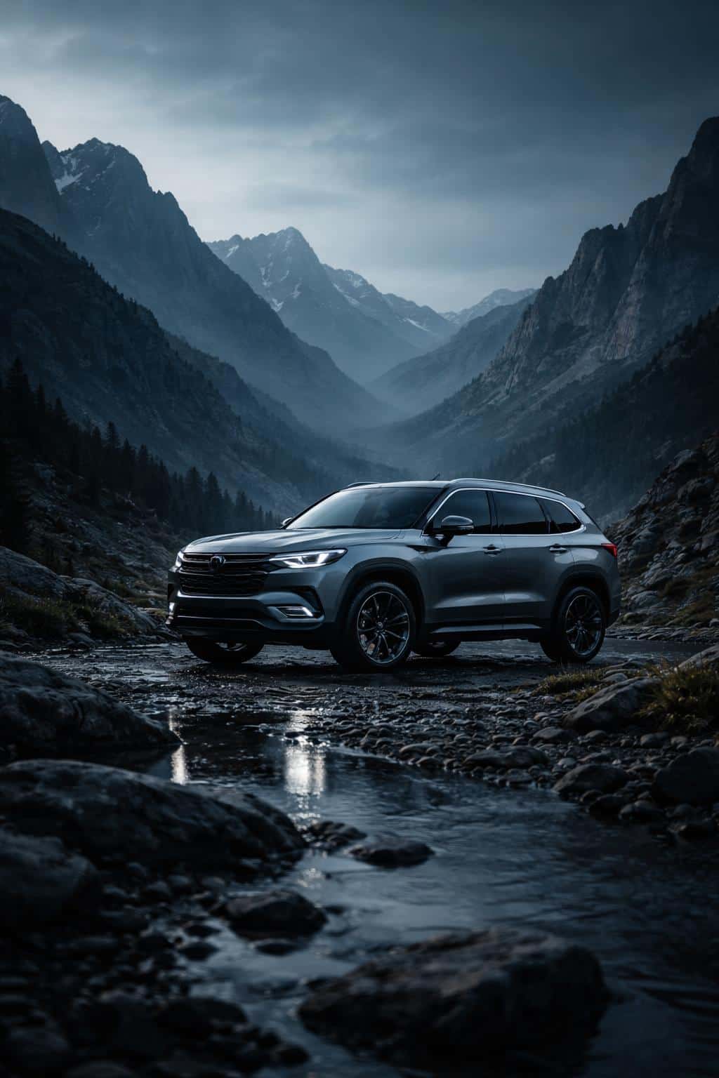 A vertical automotive photograph of a medium-sized SUV in a rocky mountain pass at twilight, rendered as automotive-photography for wallpaper use with cinematic cool tones.