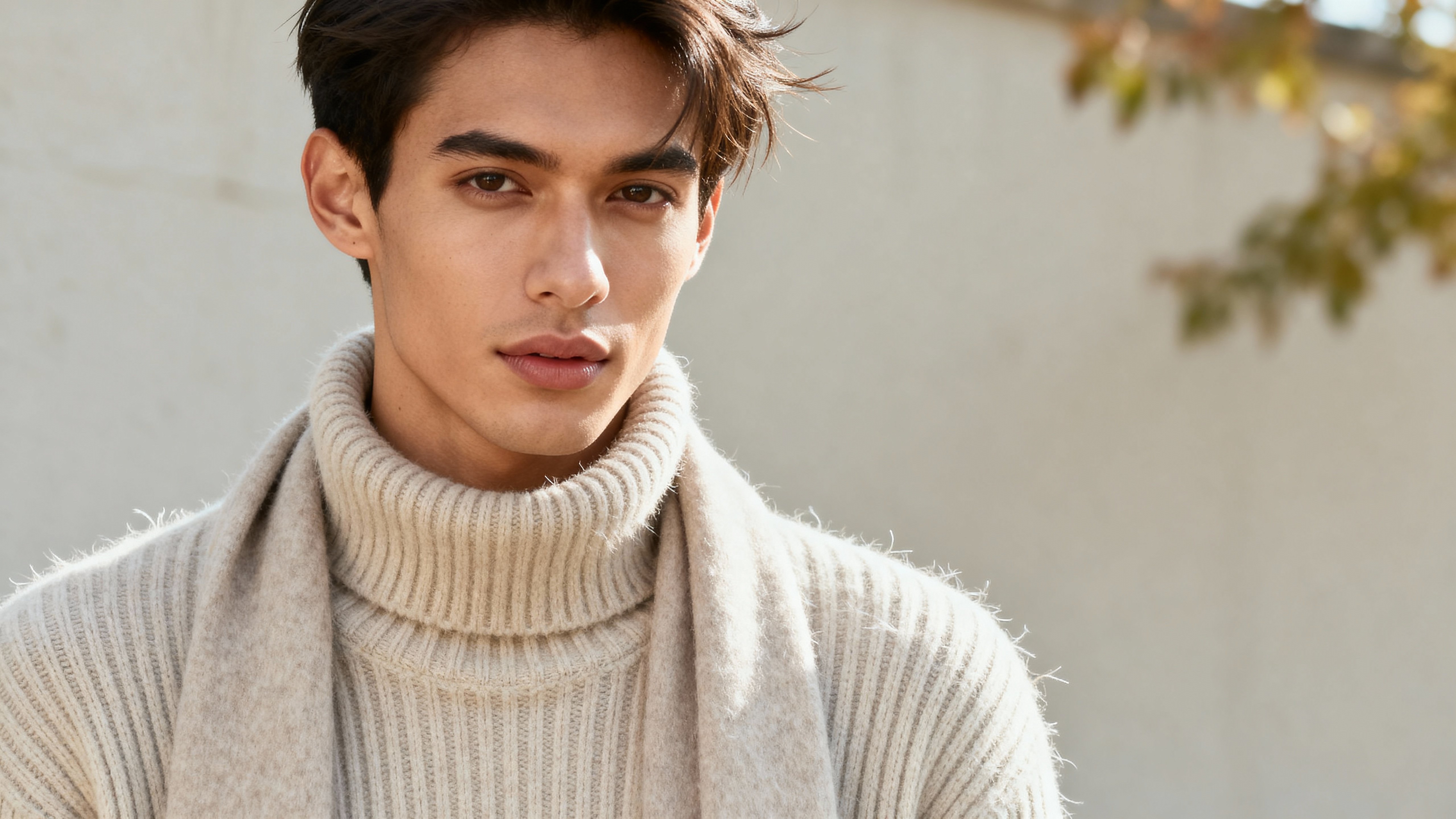 Mid-chest sweater-weather portrait of a diverse subject in a warm, approachable mood: neutral ribbed knit and scarf, natural hair, preserved skin texture, soft wrapping light, uncluttered outdoor wall with foliage tint and left copy space;