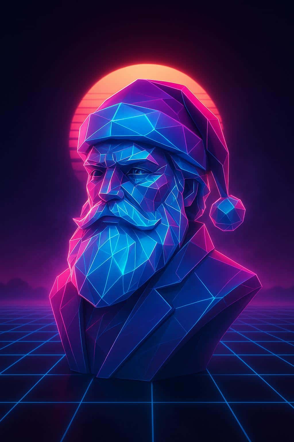 Synthwave Santa bust portrait with his hat and beard rendered as luminous polygonal planes in hot magenta and electric cyan, a neon grid horizon and glowing sun disk behind him, with subtle vapor haze for a retro-futuristic cinematic mood.