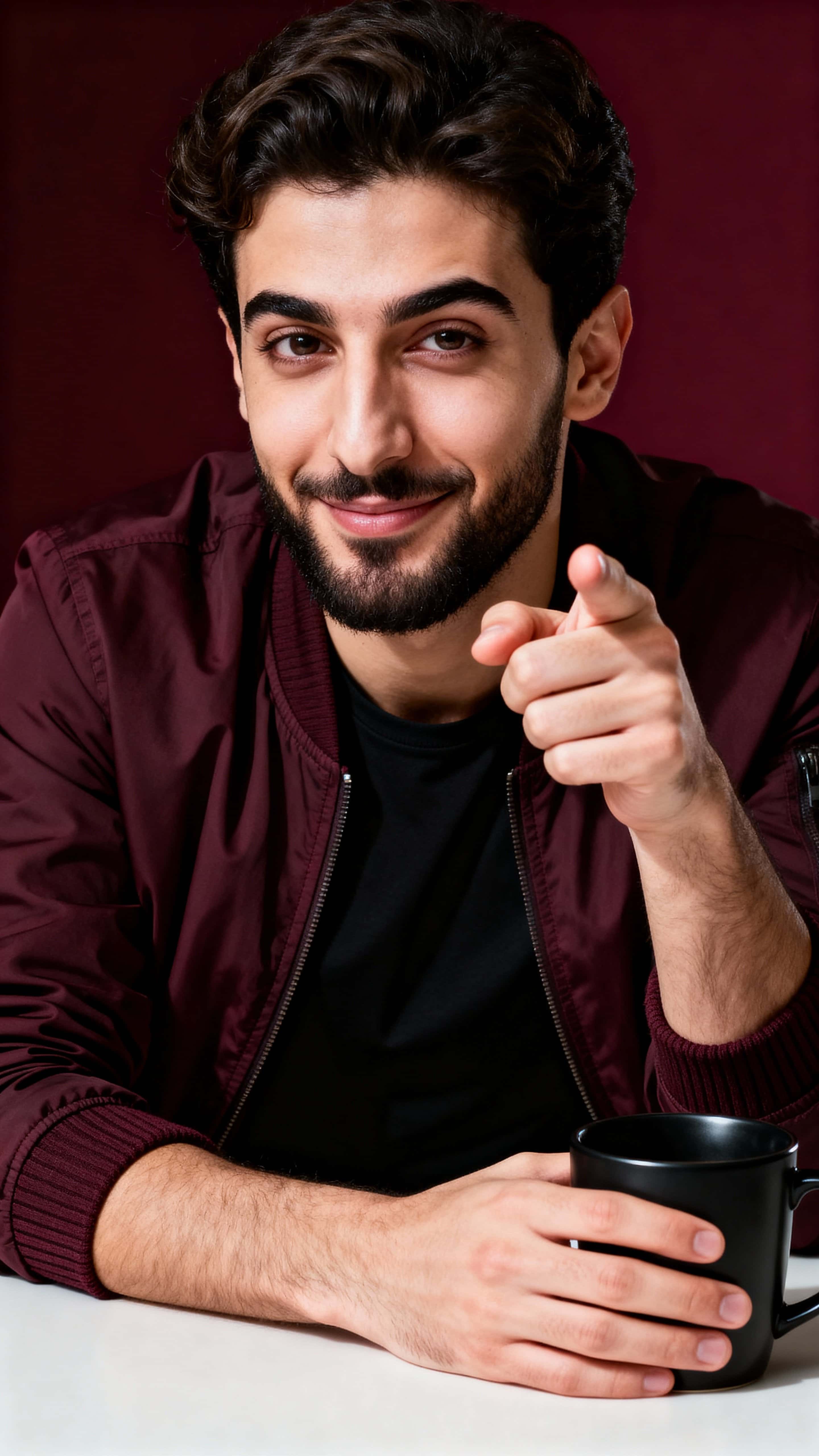 Studio portrait of a 28-year-old Syrian man leaning forward, holding a matte black coffee cup and pointing at the viewer with a playful half-smile against a deep wine-red background.