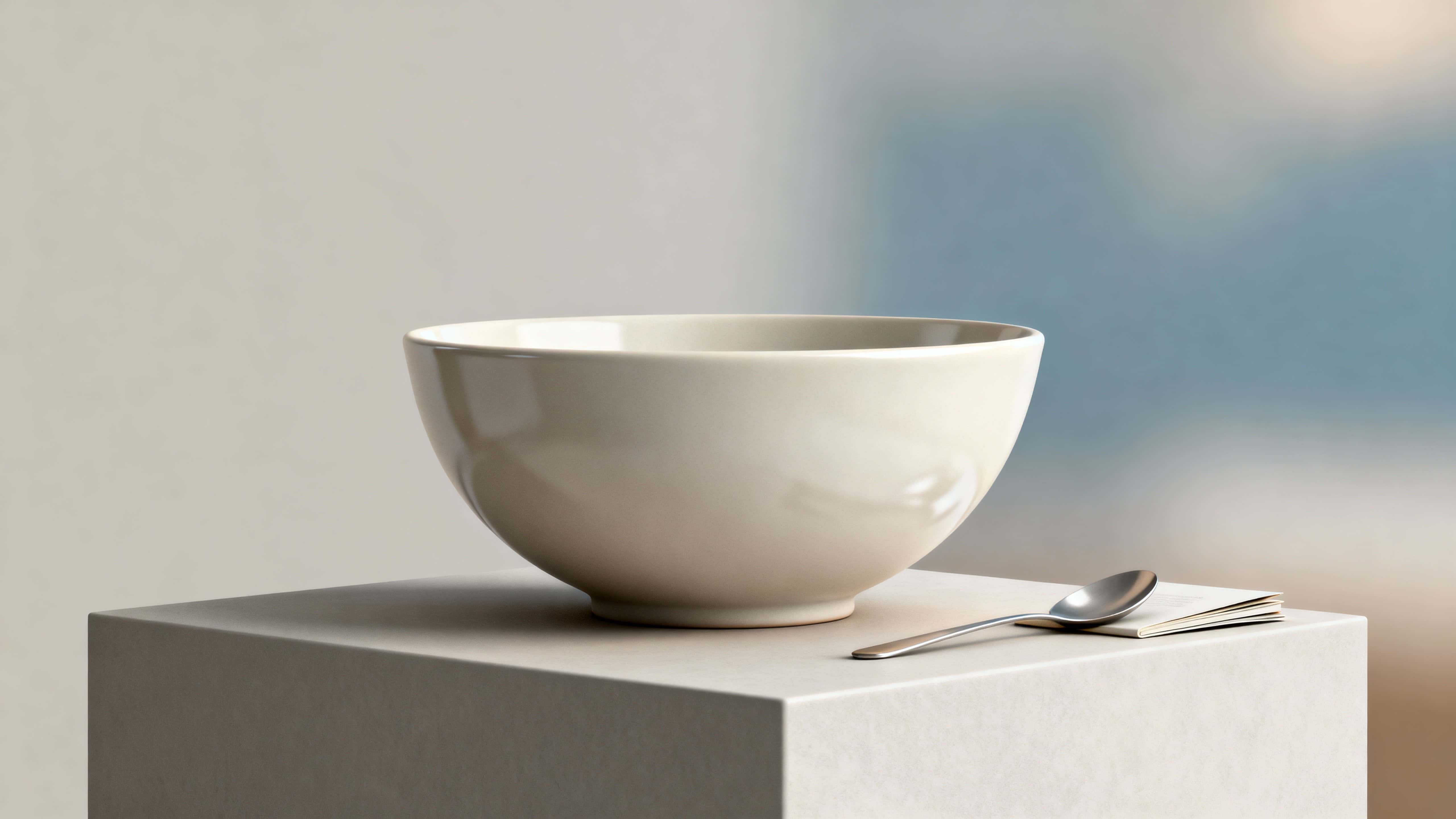 A minimal table-top 3D layout composed for a 16:9 frame that presents a clean, neutral-lit arrangement of objects with sculpted negative space and calm, refined mood.