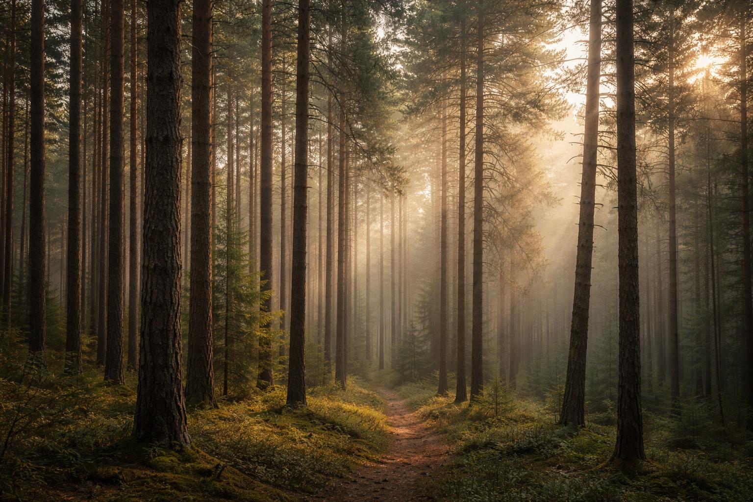 Tall pine forest photographed in 3:2 landscape format with soft shafts of light and mist threading between trunks, tuned for poster or wallpaper use.